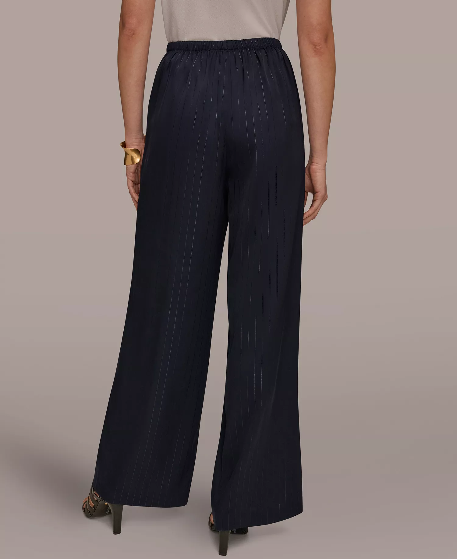 Women's Pinstripe Wide Leg Pull-On Pants - Navy/Silver Pinstrip - L