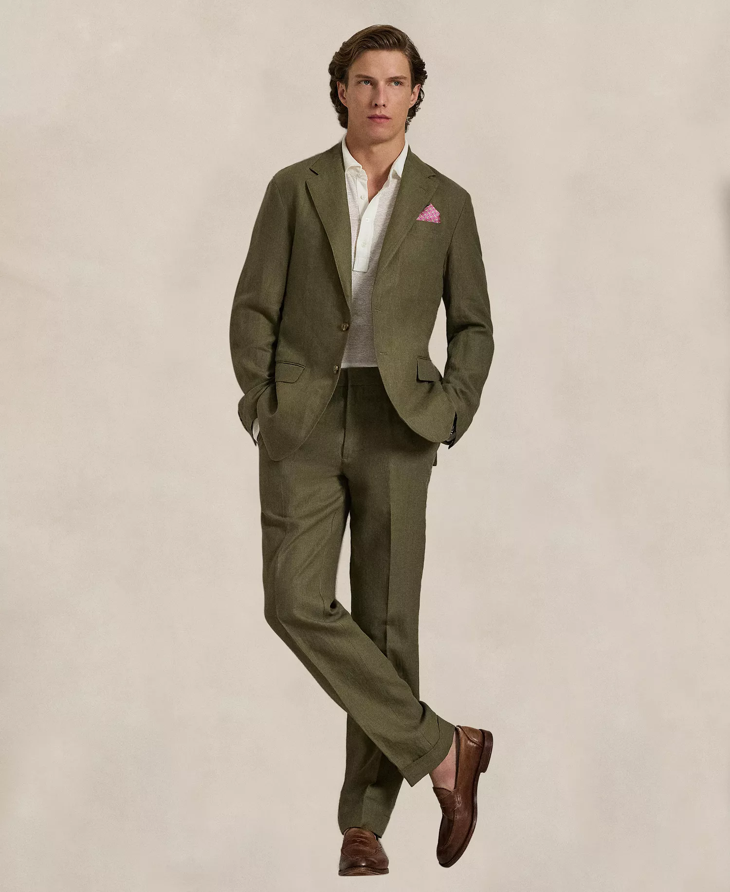 Men's Polo Soft Modern Linen Suit Jacket - Basic  Olive - 38