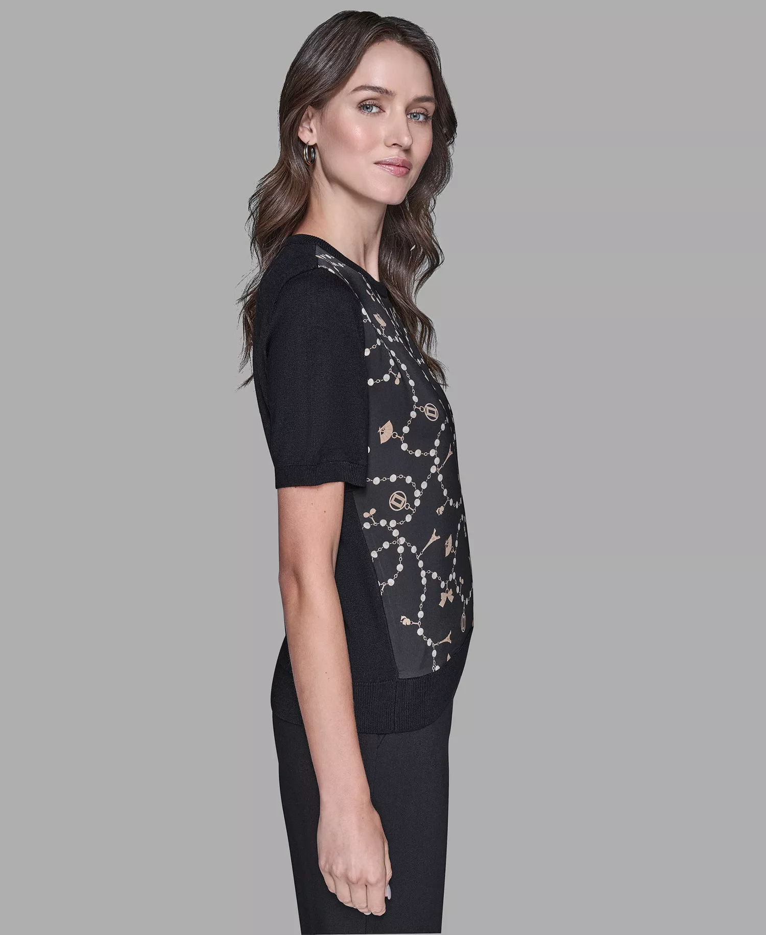 Women's Short-Sleeve Printed Sweater - Black Multi - L