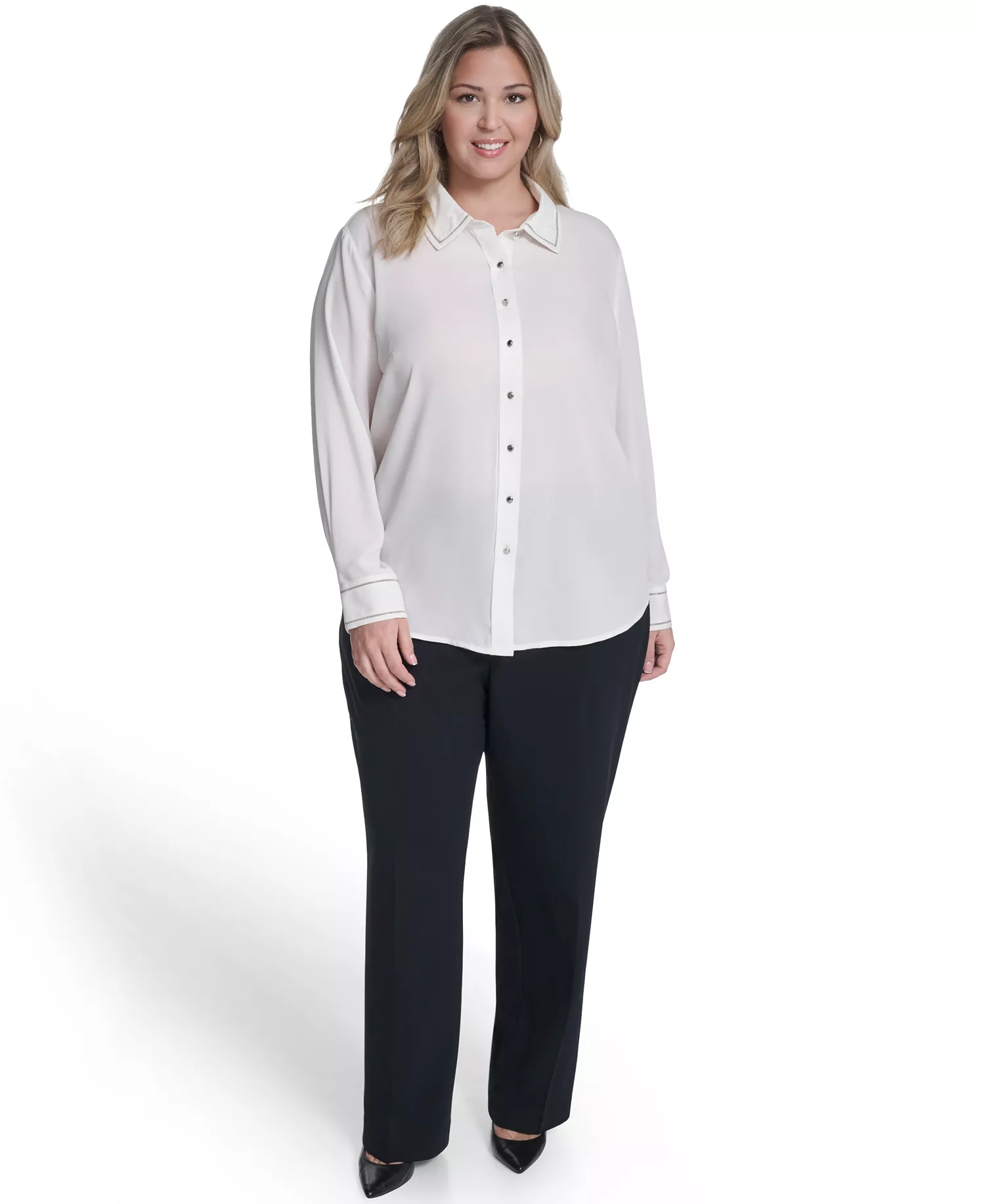 Plus Size Long-Sleeve Button-Down Top - Cream - 1X
