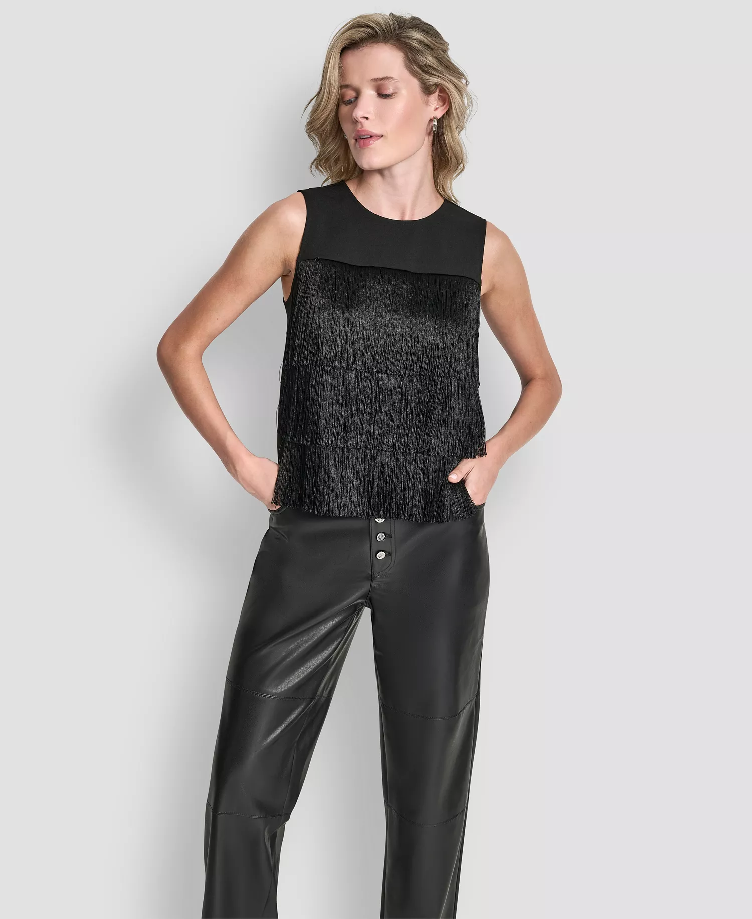 Women's Tiered Fringe Sleeveless Blouse - Black - L