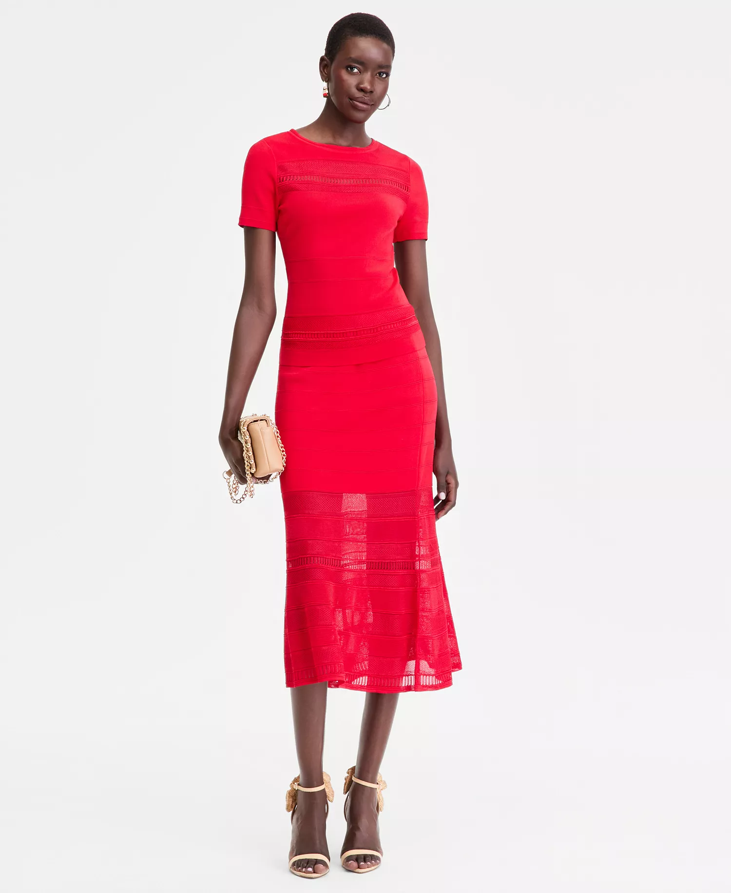 Women's Short Sleeve Pointelle Stripe Sweater - Cherry Flame - L