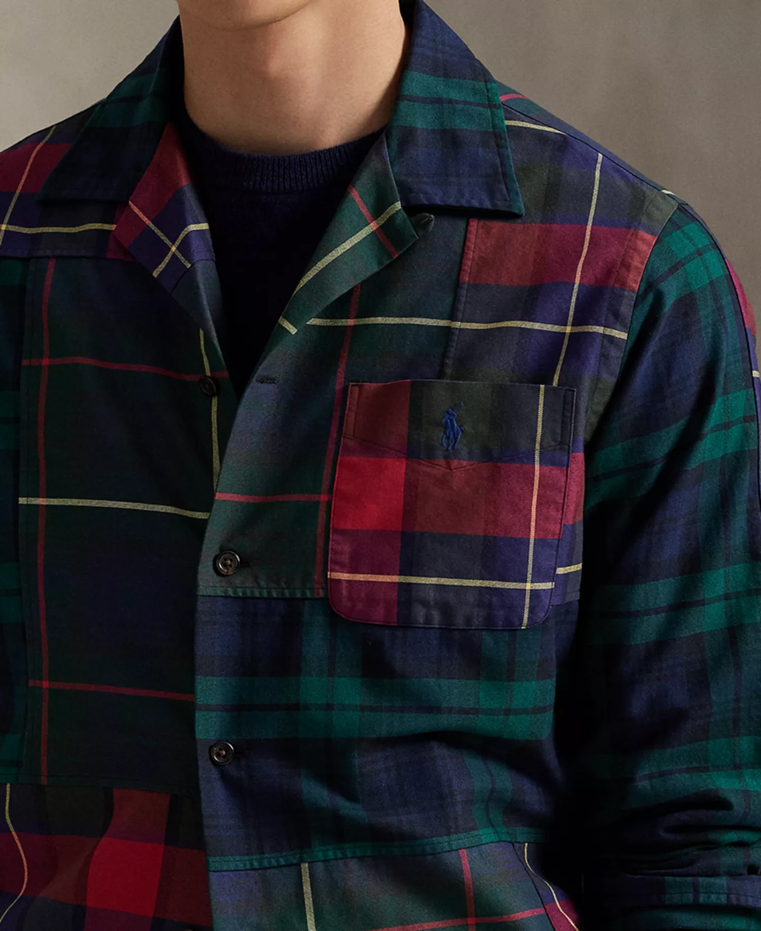 Men's Patchwork Oxford Camp Shirt - Tartan Pieced Shirt - XS