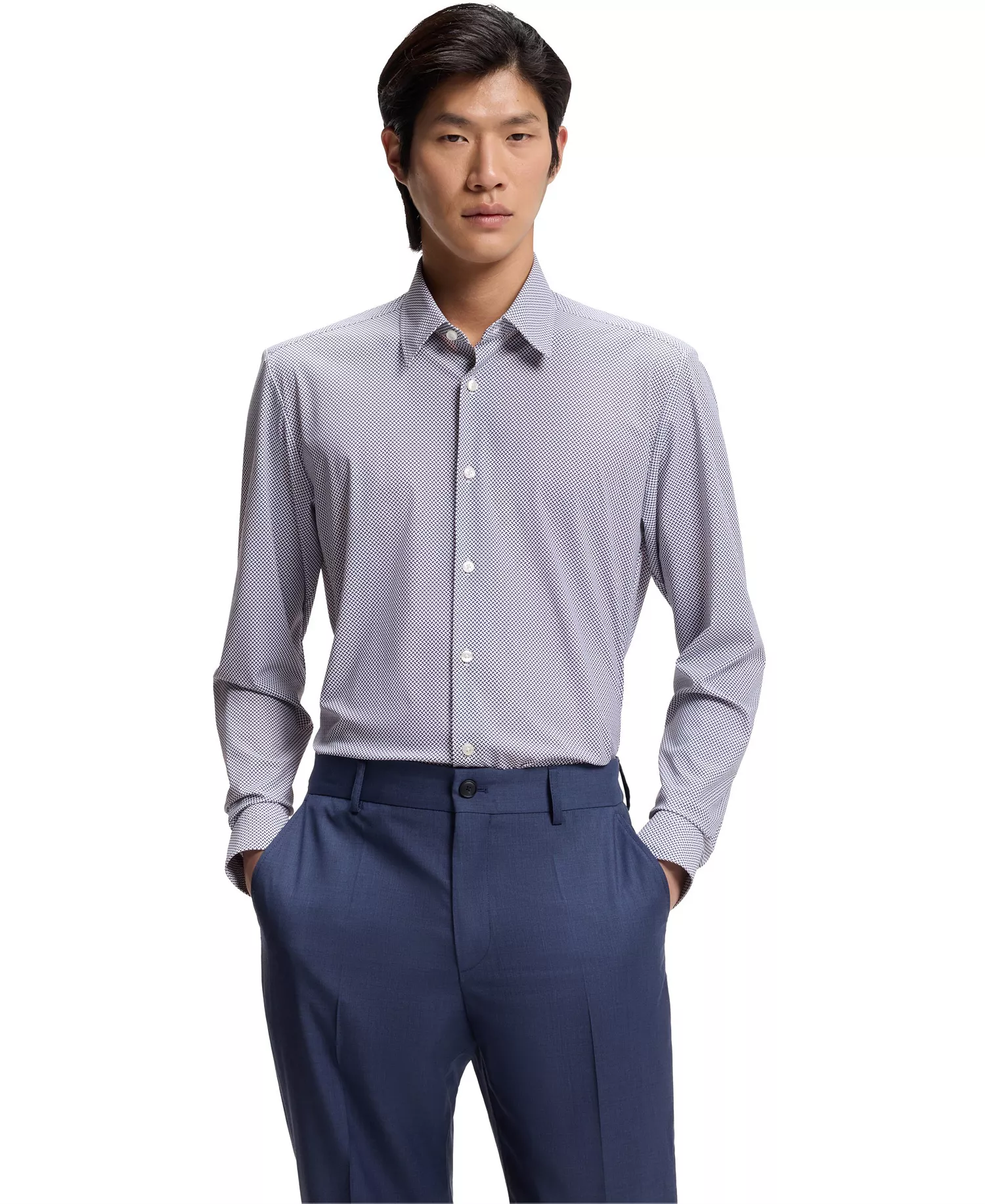 Men's Printed Performance-Stretch Regular-Fit Dress Shirt - White - 2XL