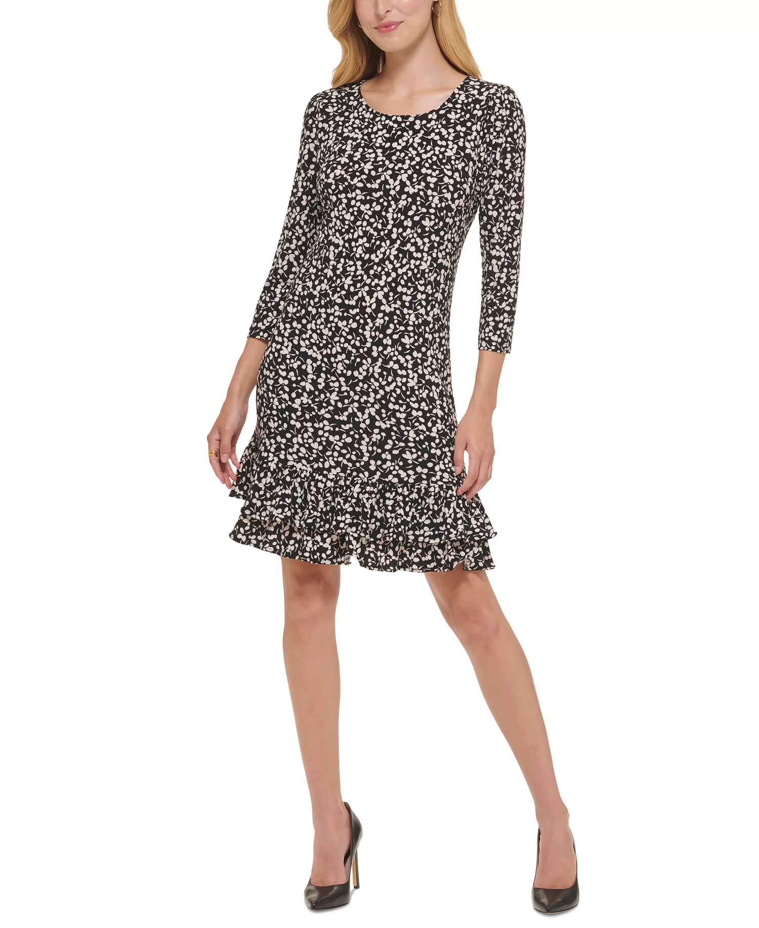 Women's Floral-Print Shift Dress with Ruffled Hem - Black,whitecap - 10