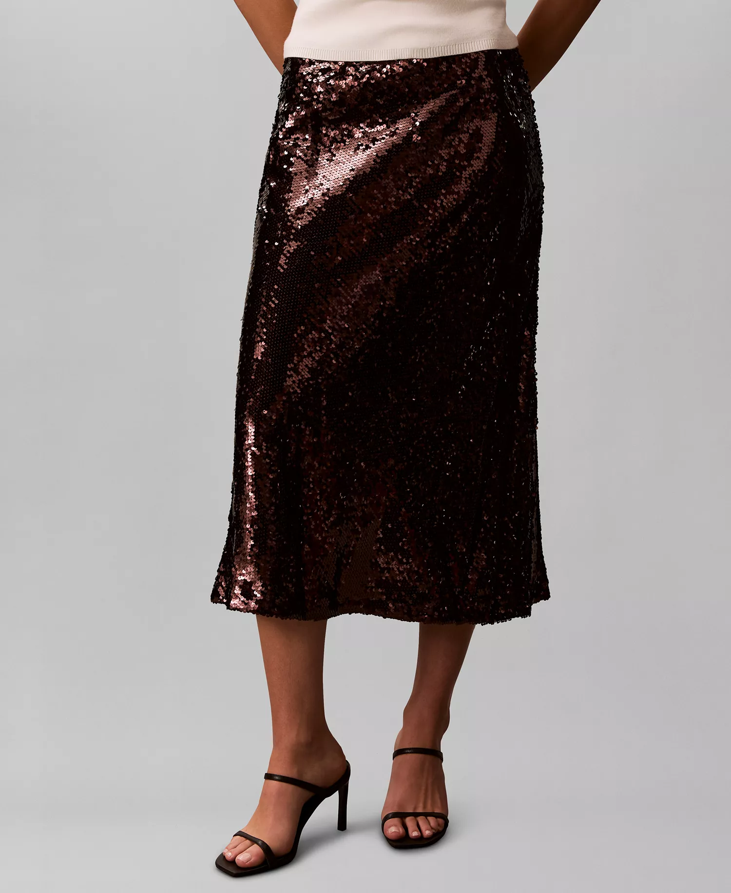Women's Sequined Midi Skirt - Mocha Brown - 10