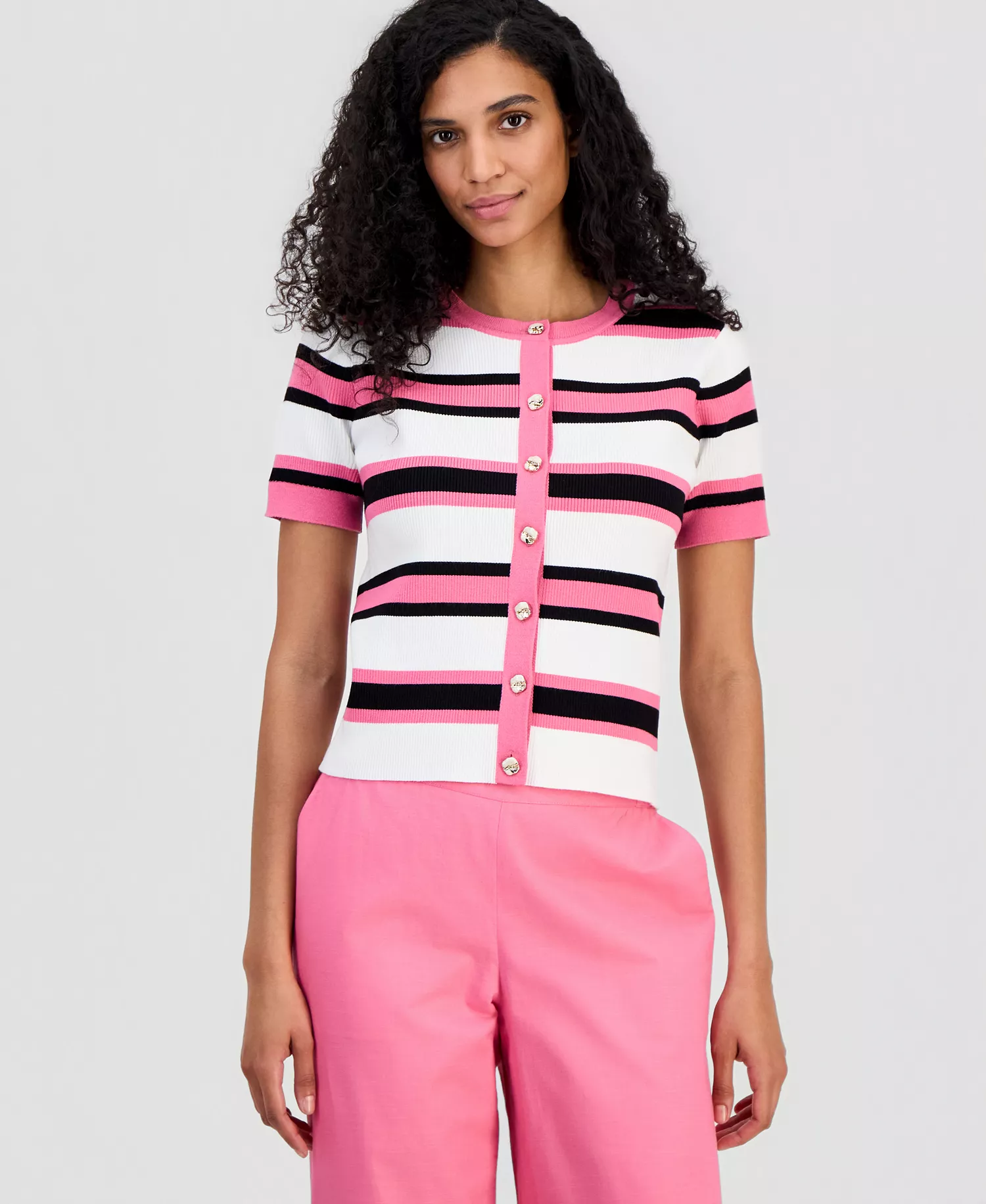 Women's Short-Sleeve Ribbed Cardigan - Parisian Pink Stripe - L