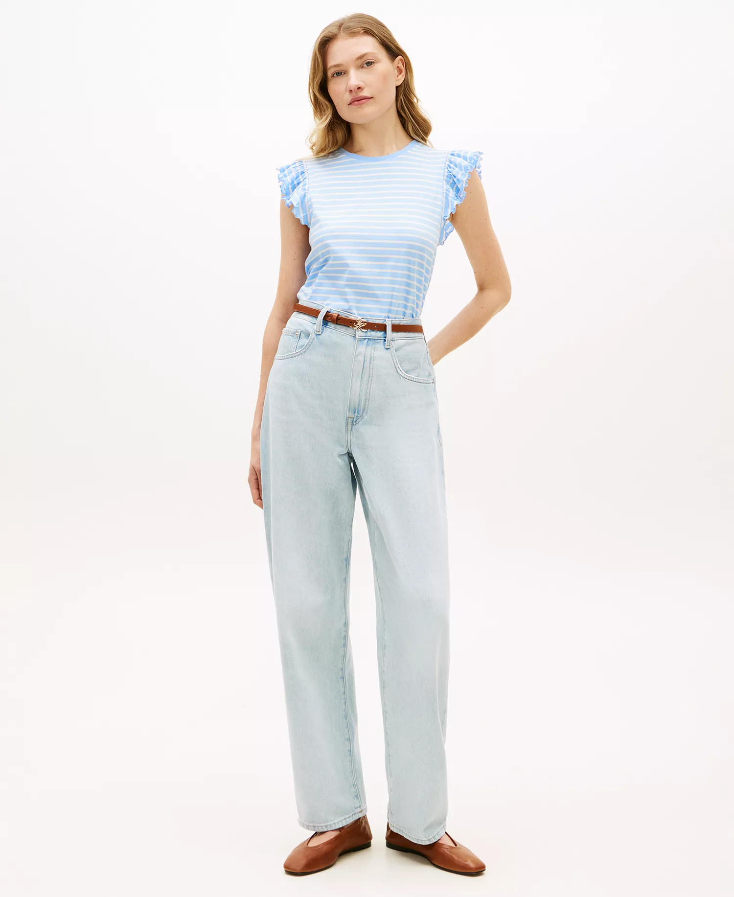 Women's Frill-Sleeve Crew Neck Top - Blue - L