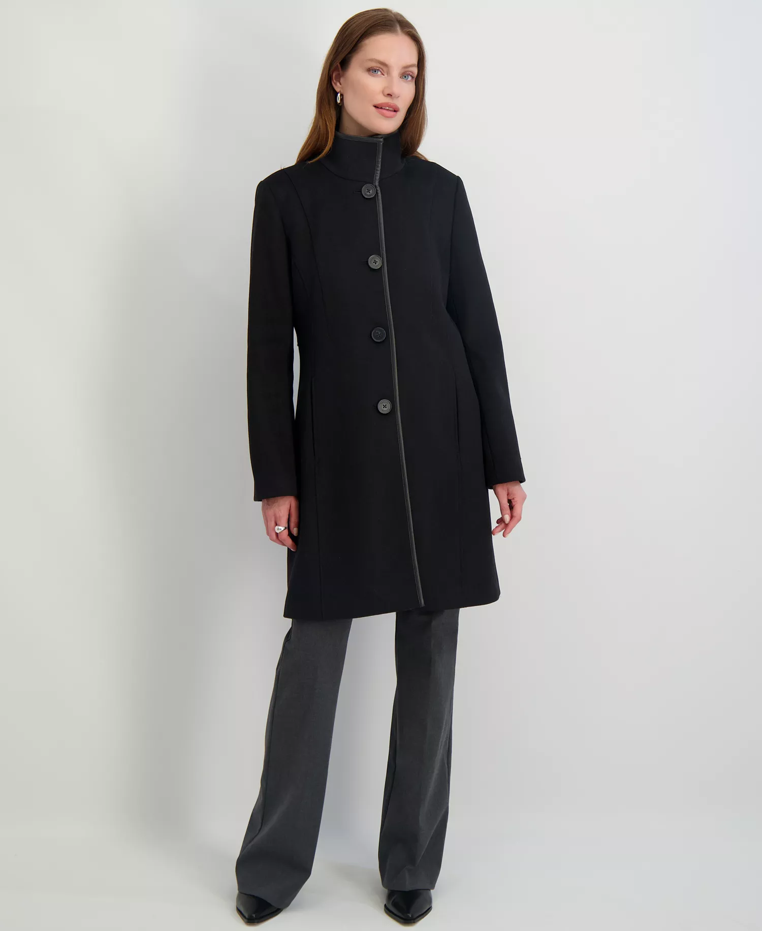 Women's Stand-Collar Button-Front Coat - Black - L