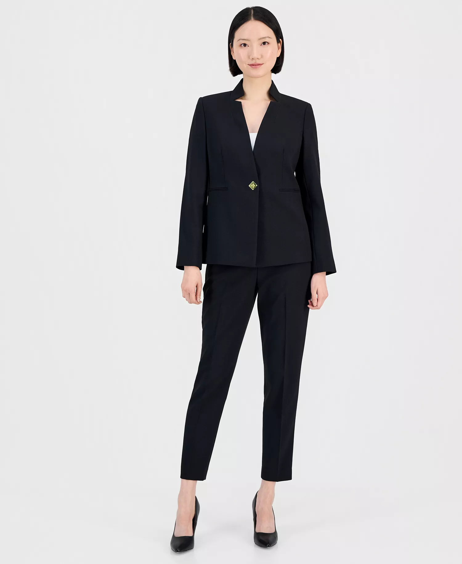 Women's Notched One-Button Pantsuit - Black - 10