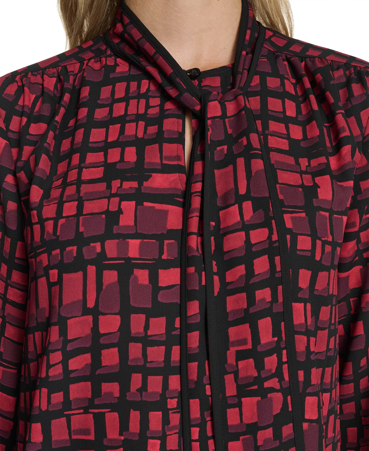 Petite Printed Long Sleeve Tie Neck Top - Cranberry Multi - P/L