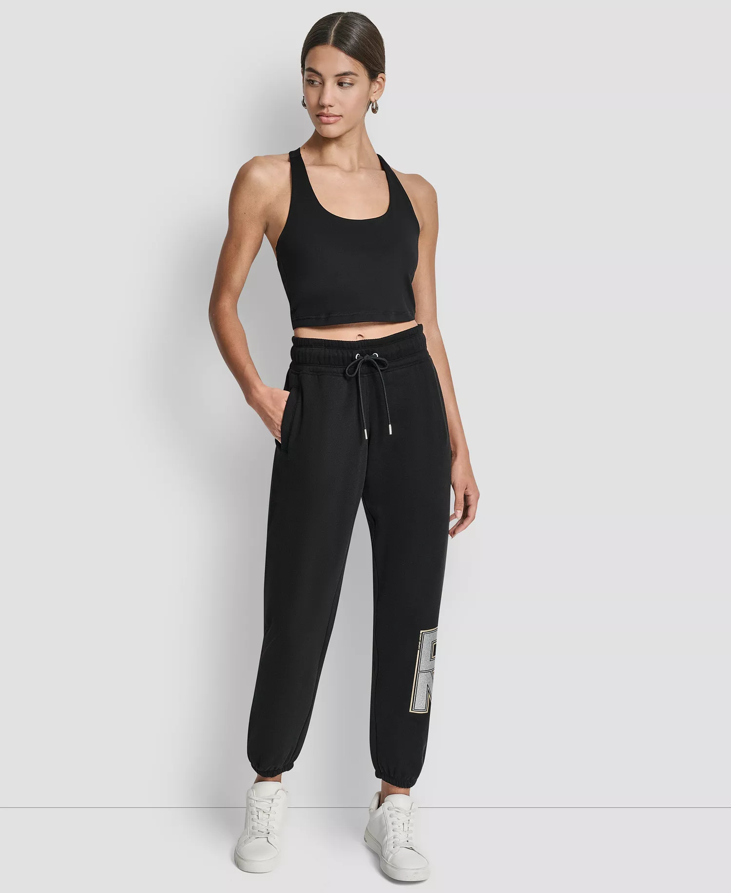 Women's Mixed Metal Stacked Glitter Logo Jogger - Black - L