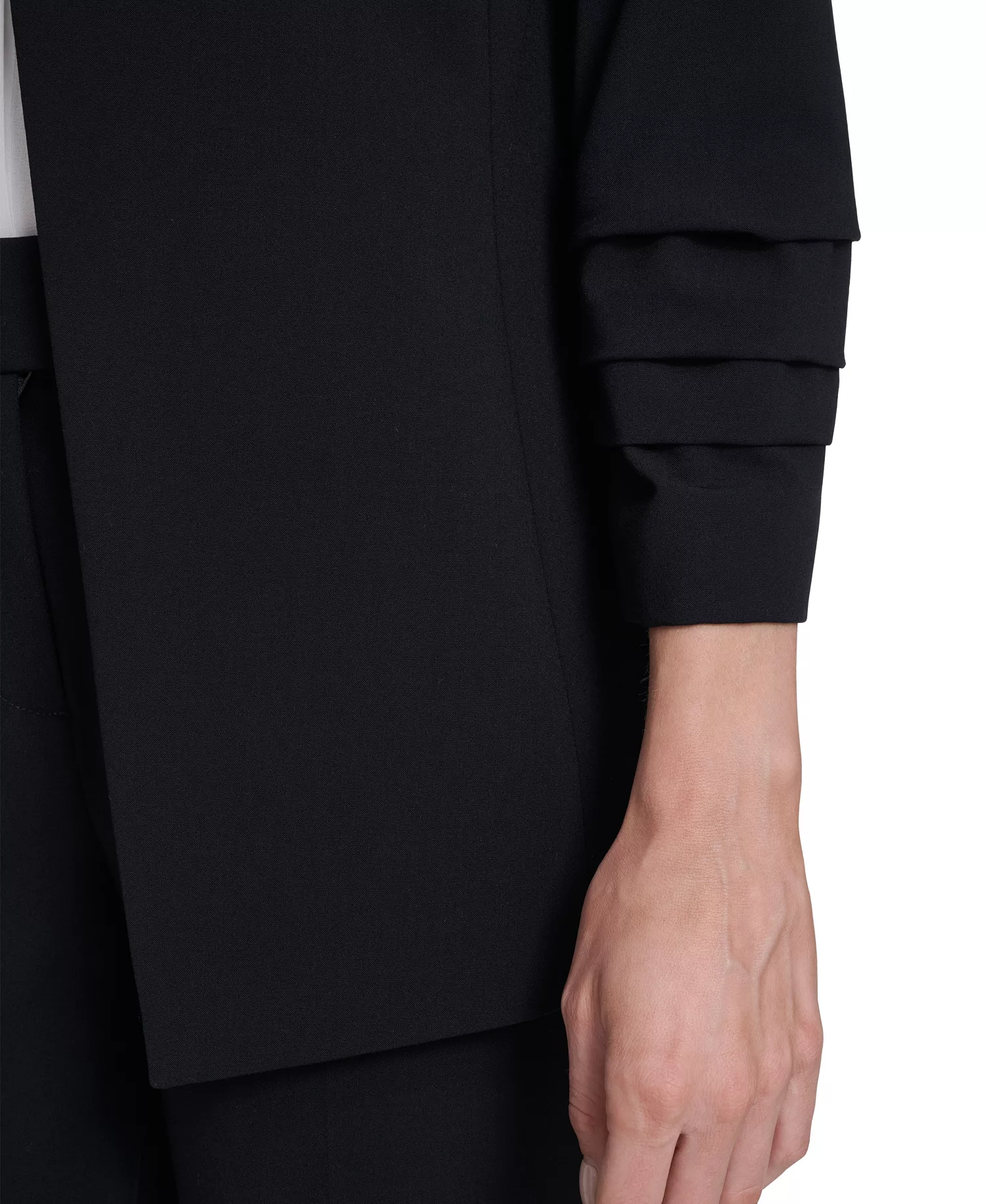 Women's Sleeveless Collared Blouse with Pleated Front, Open from Ruched Sleeve Jacket, and Slim Leg Pant - Navy - 10