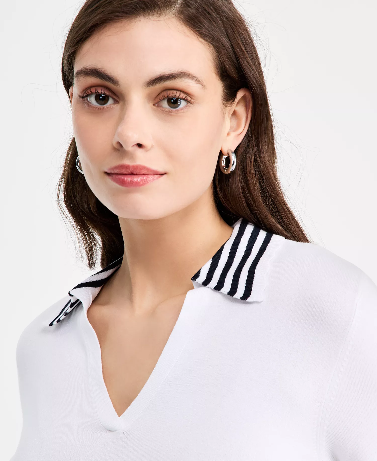 Women's Striped Johnny-Collar Sweater - Bright White/ Night Sky - L