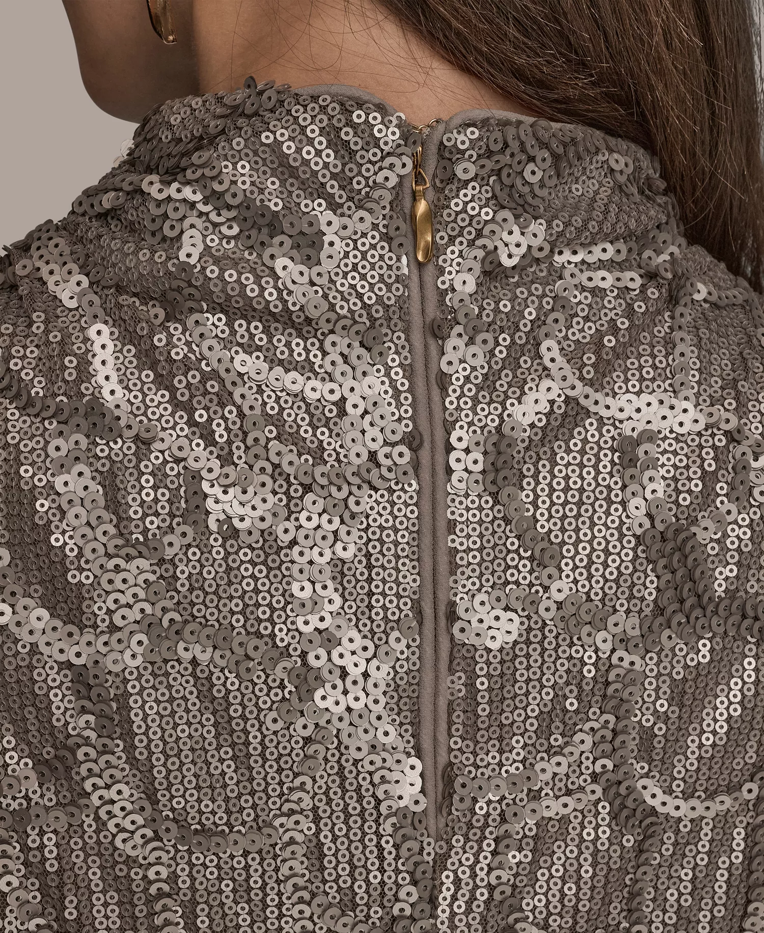 Women's Sequined Cowl Neck Top - Antique Silver - L