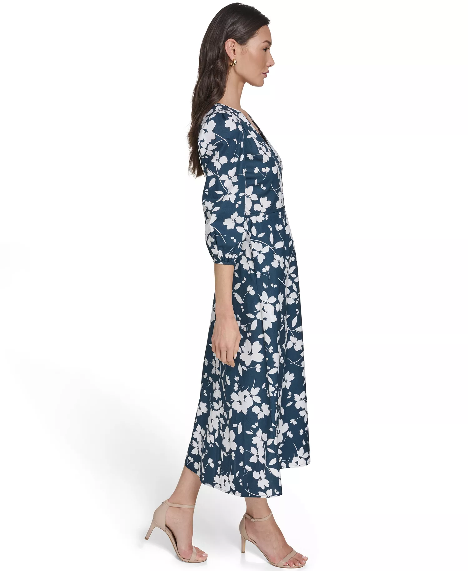 Women's Faux Wrap V-Neck Midi Dress - Indigo Cream - 10