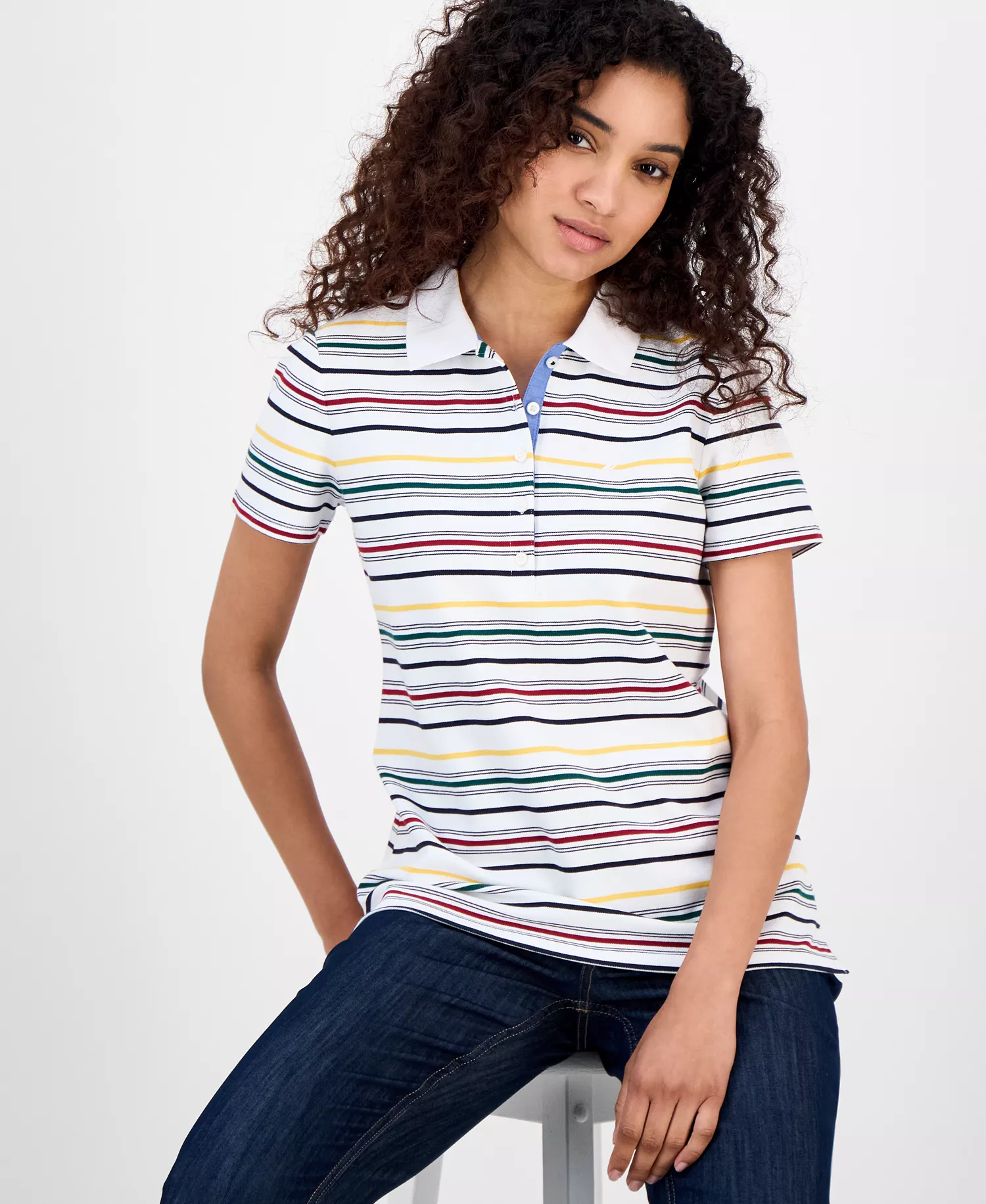 Nautica Women's Striped Short-Sleeve Polo Shirt - Bright White Multi - L