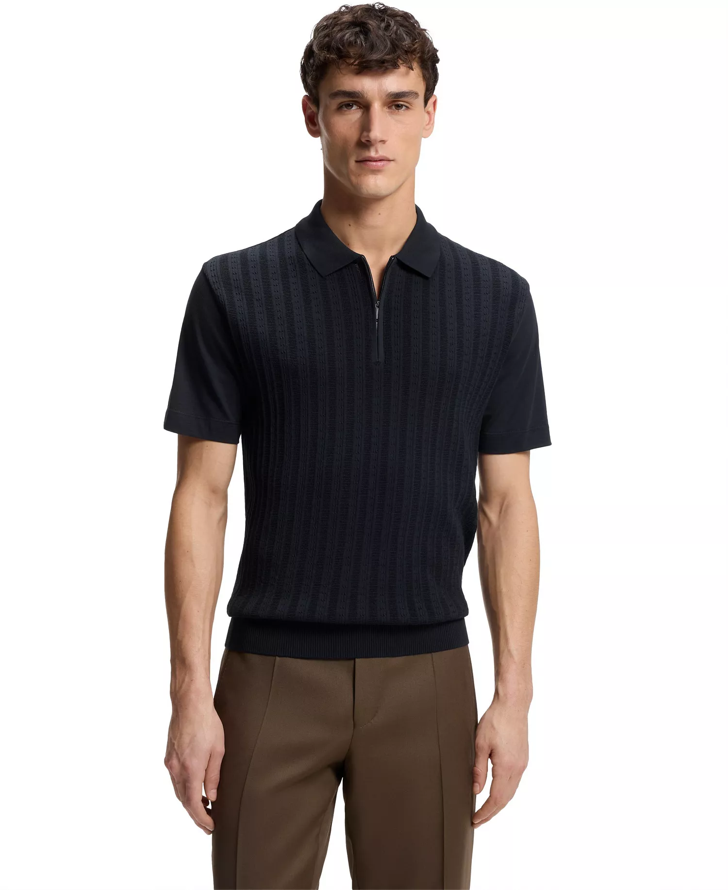 Men's Cotton-Silk Zip-Neck Polo Shirt - Dark Blue - 2XL