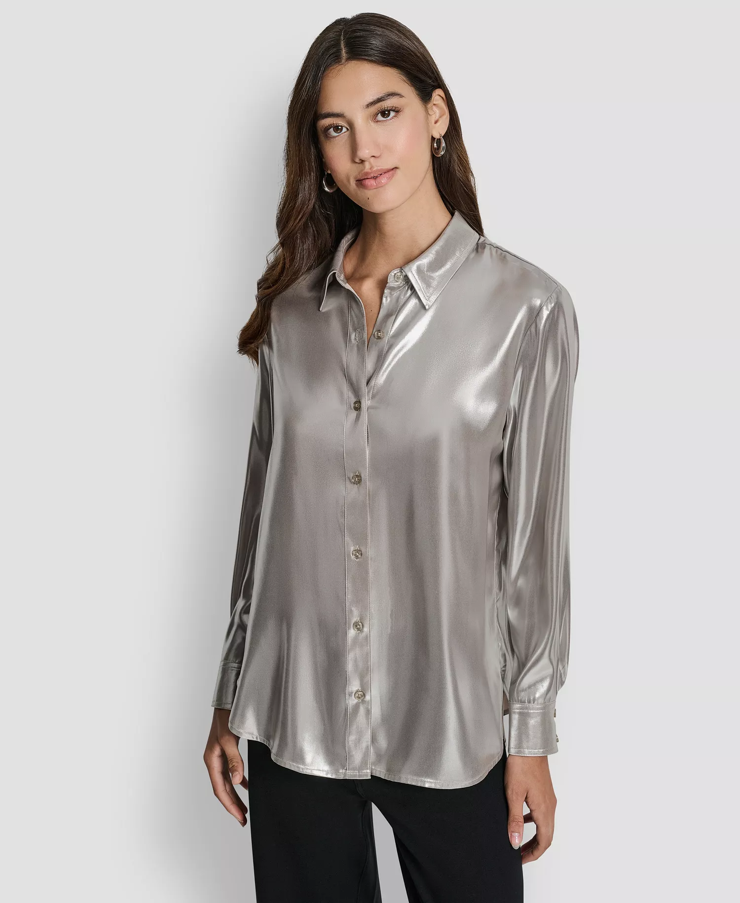 Women's Button Front Long-Sleeve Blouse - Metallic Zinc - L