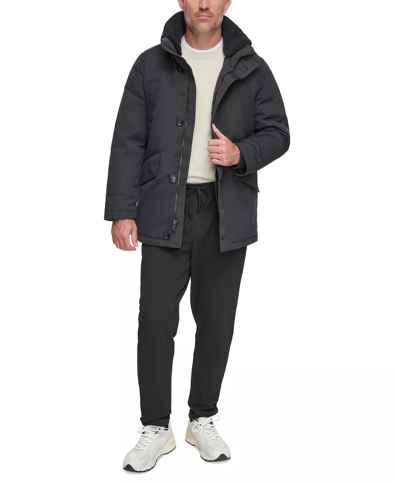 Men's Wittstock Insulated Full-Zip Waxed Parka with Removable Fleece Trim - Black - XL
