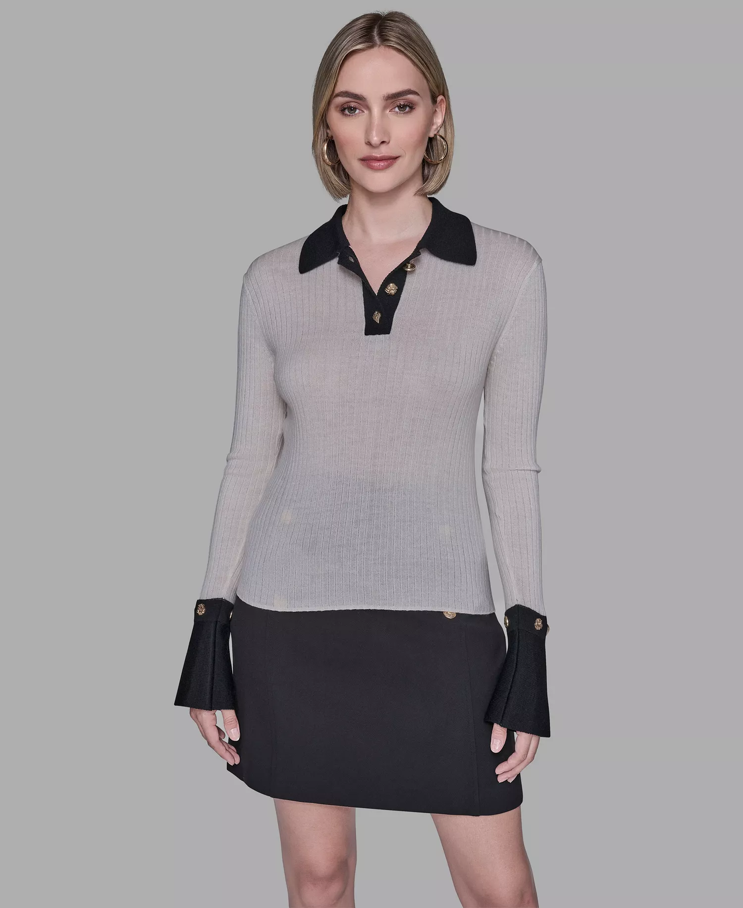 Women's Contrast Collared Sweater - Birch/Black - L