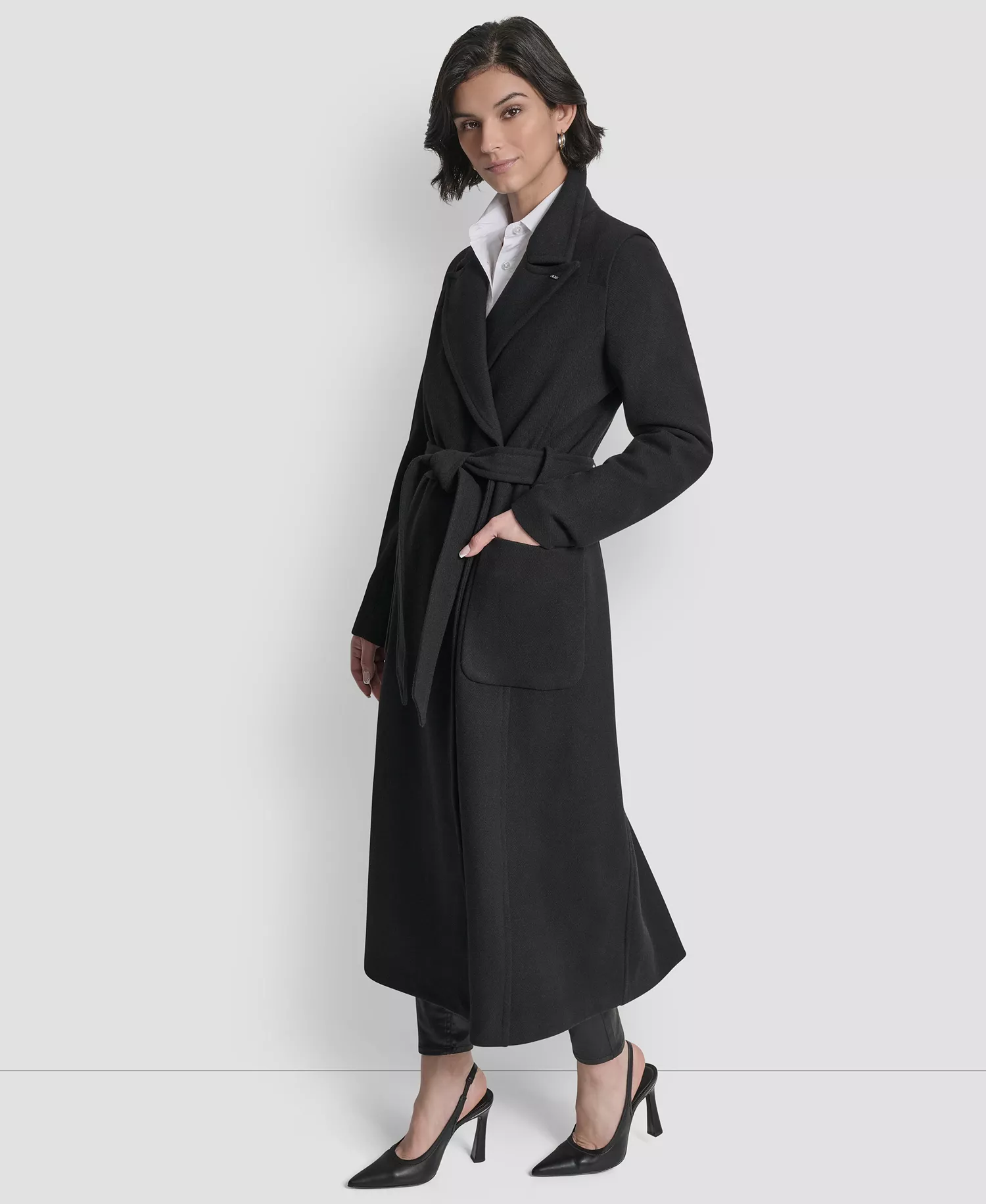 Women's Notch Collar Belted Wrap Coat - Black - L
