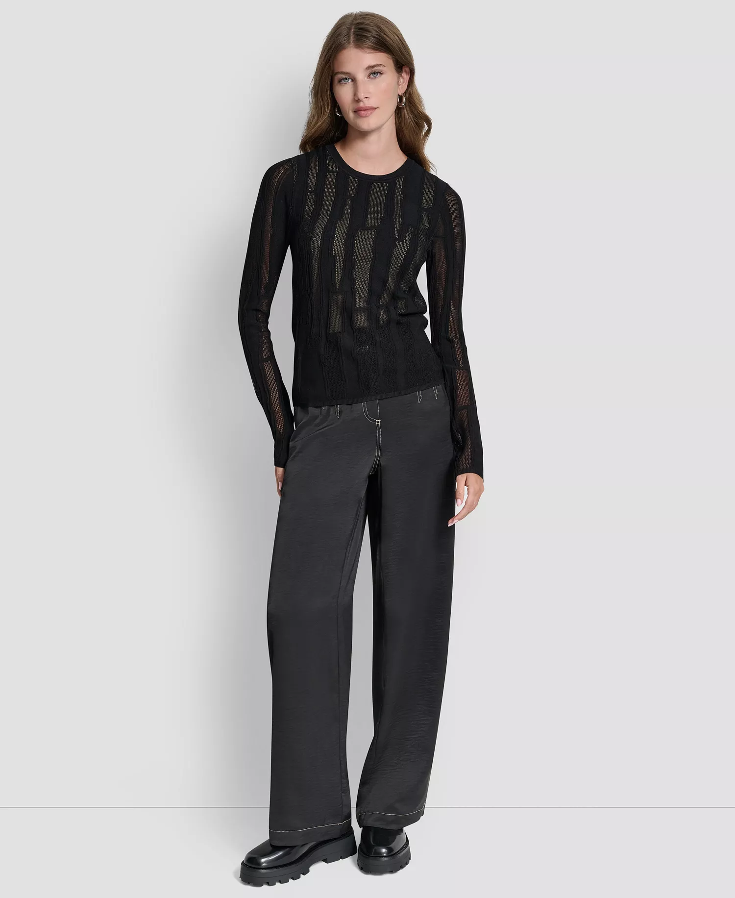 Women's Long-Sleeve Double Layer Mixed Stitch Sweater - Black/travertine - L