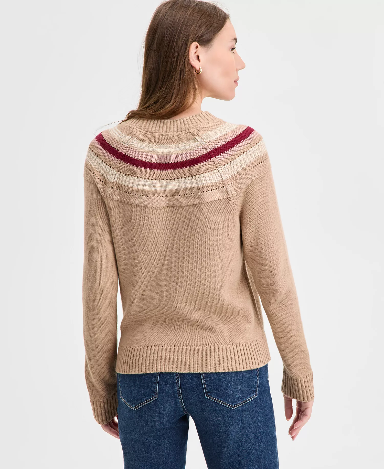 Nautica Women's Striped Yoke Crewneck Sweater  - Camel Multi - L