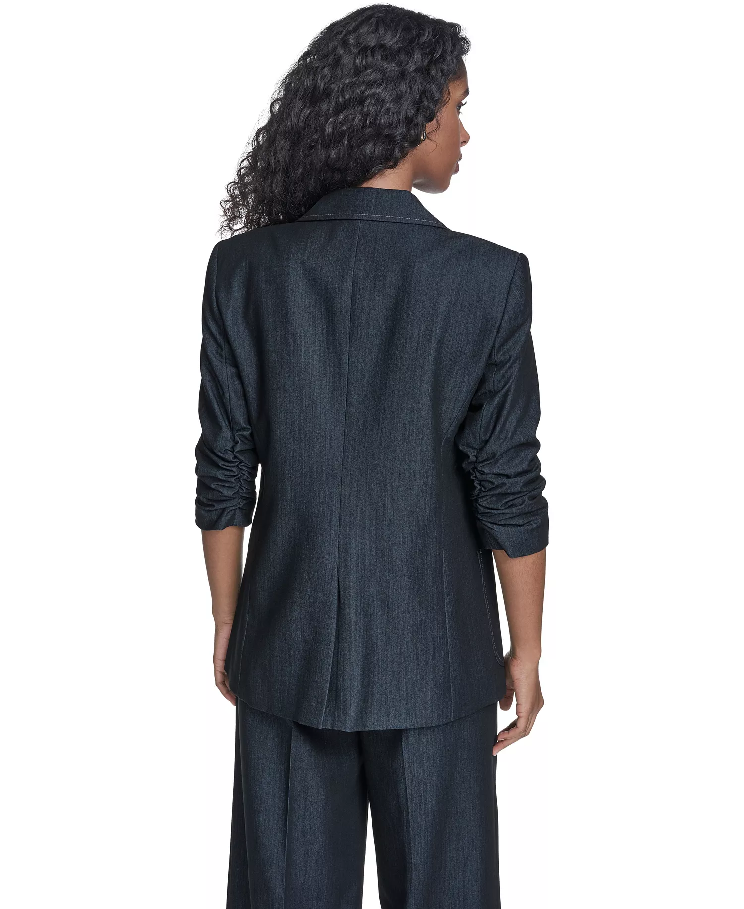 Women's Faux Denim 3/4-Sleeve Jacket, Denim Wide Leg Pants, and Textured Short-Sleeve Sweater - Indigo - 10