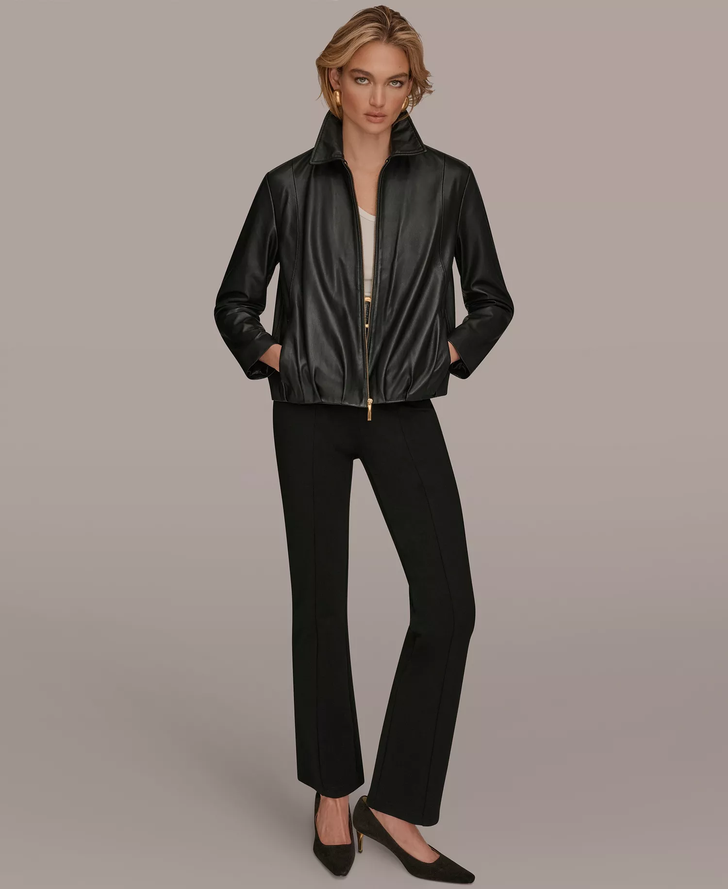 Women's Leather Bomber Jacket - Black - L