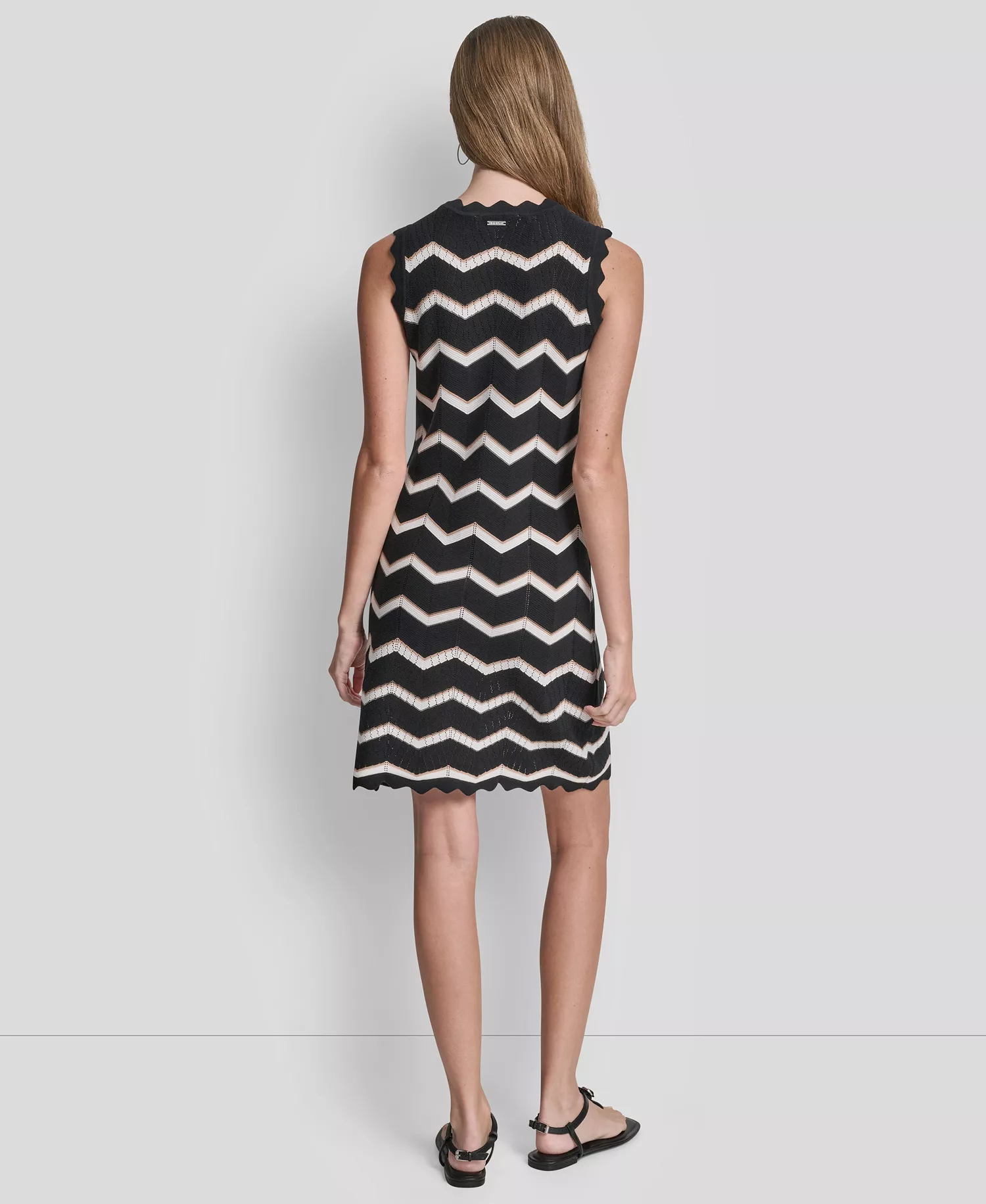 Women's Sleeveless Crew Neck Stripe Short Dress - Black/ivory/teak - L