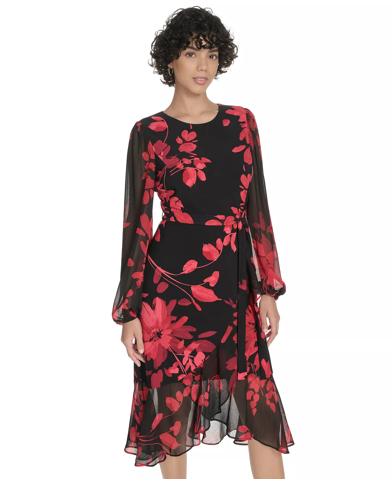 Petite Long-Sleeve Chiffon Combo Midi Dress - Deep Scarlet Multi - 0P