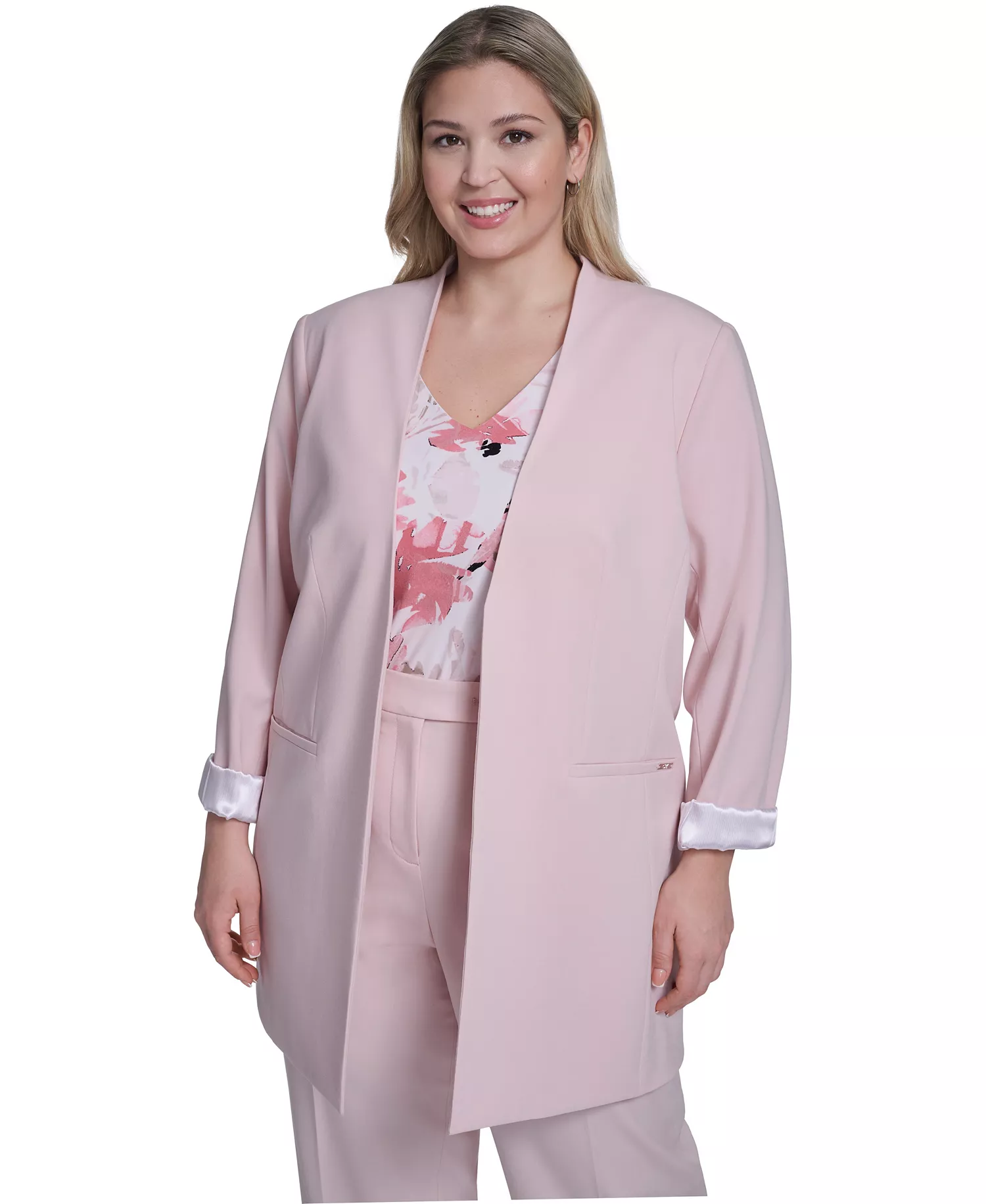 Plus Size Open-Front Notch Collar Jacket - Petal - 14W