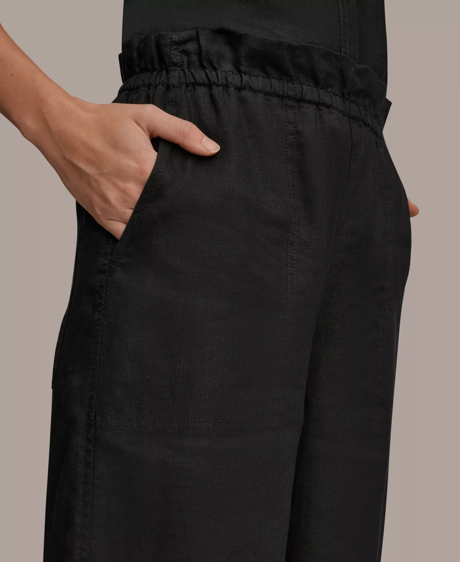 Women's Linen High-Rise Paper Bag Waist Pants - Black - L