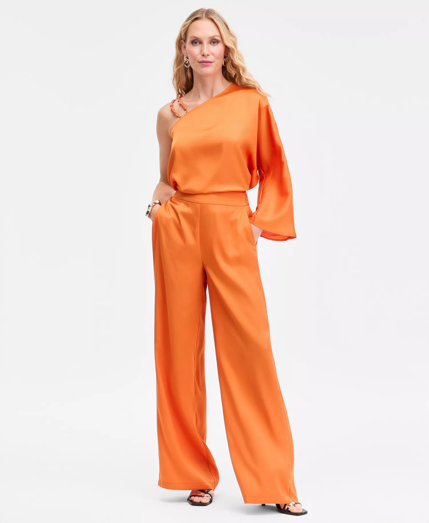 Women's Wide-Leg Satin Pants, Exclusively at Macy's - Harvest Orange - L