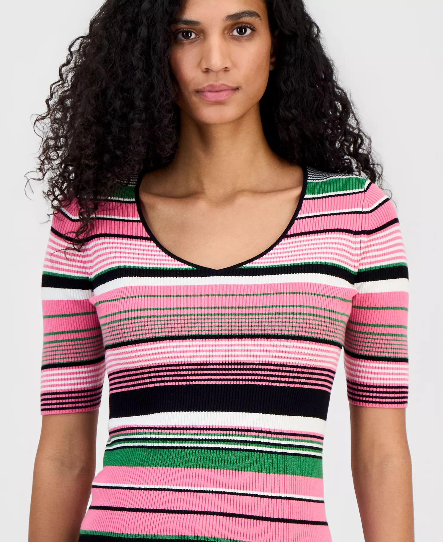 Women's V-Neck Elbow-Sleeve Top - Parisian Pink Stripe - L