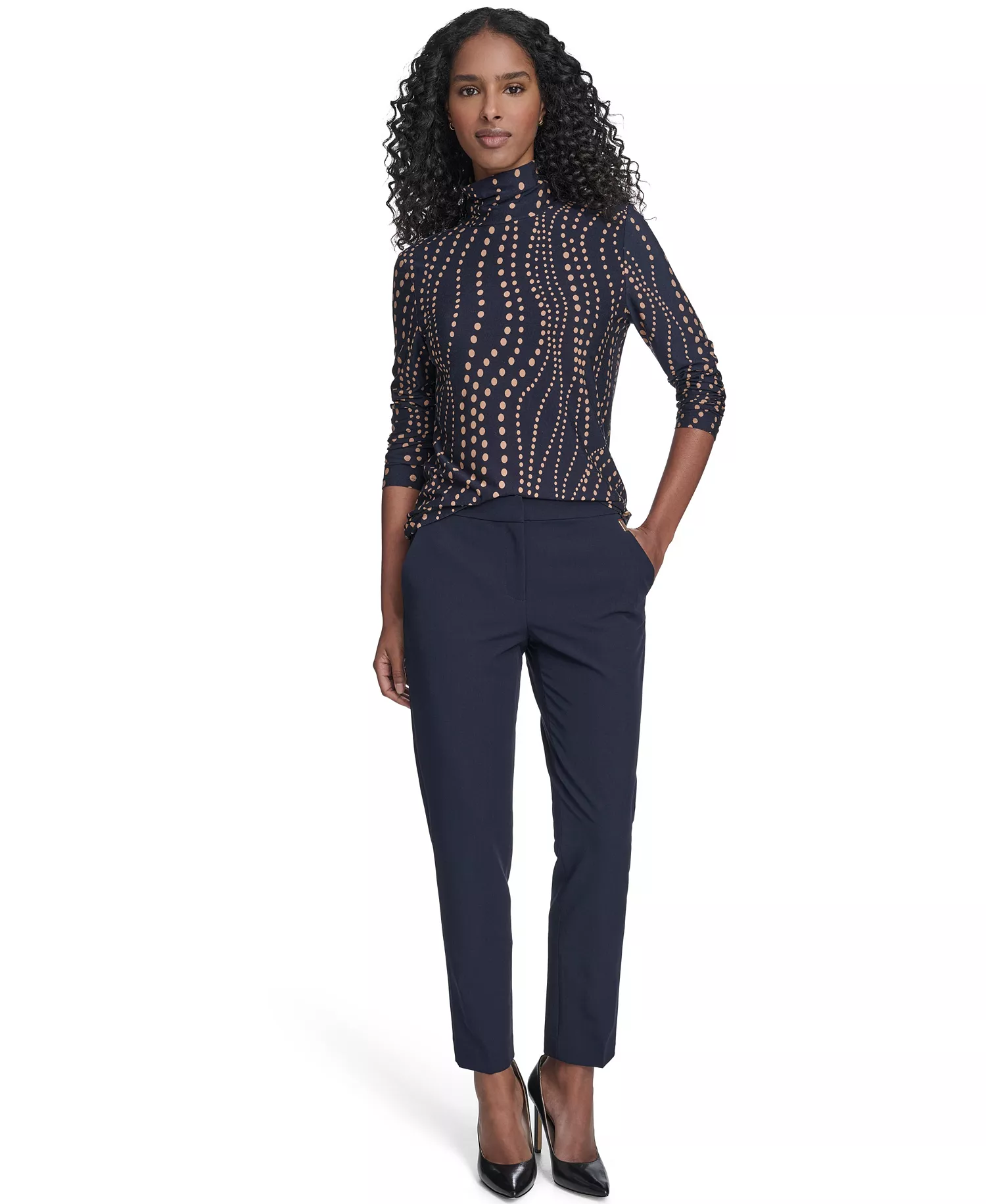 Women's Long Sleeve Cascade Dot Turtleneck Top - Midnight/ Brown Sugar - L