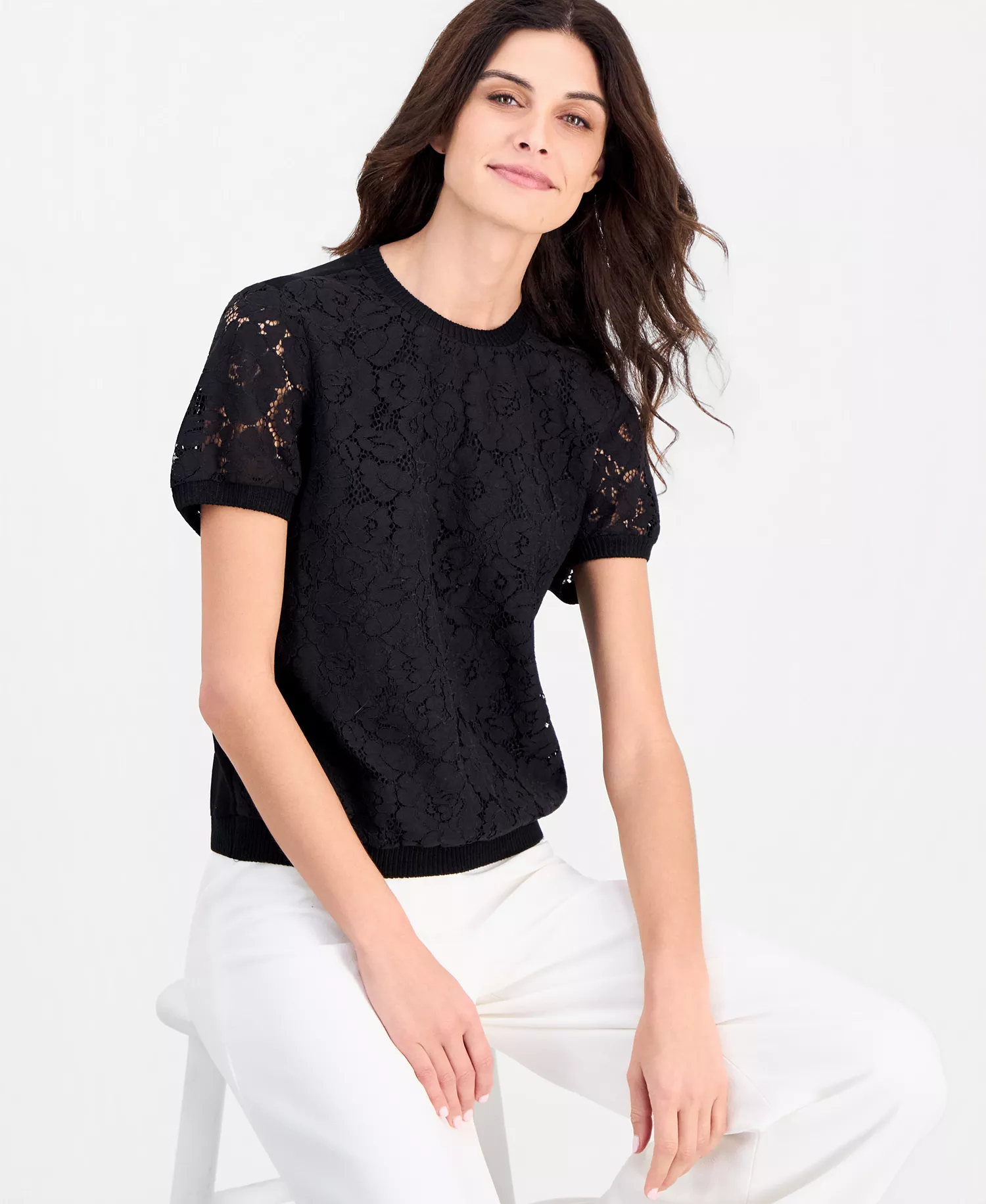 Women's Lace-Front Short-Sleeve Sweater - Black - L