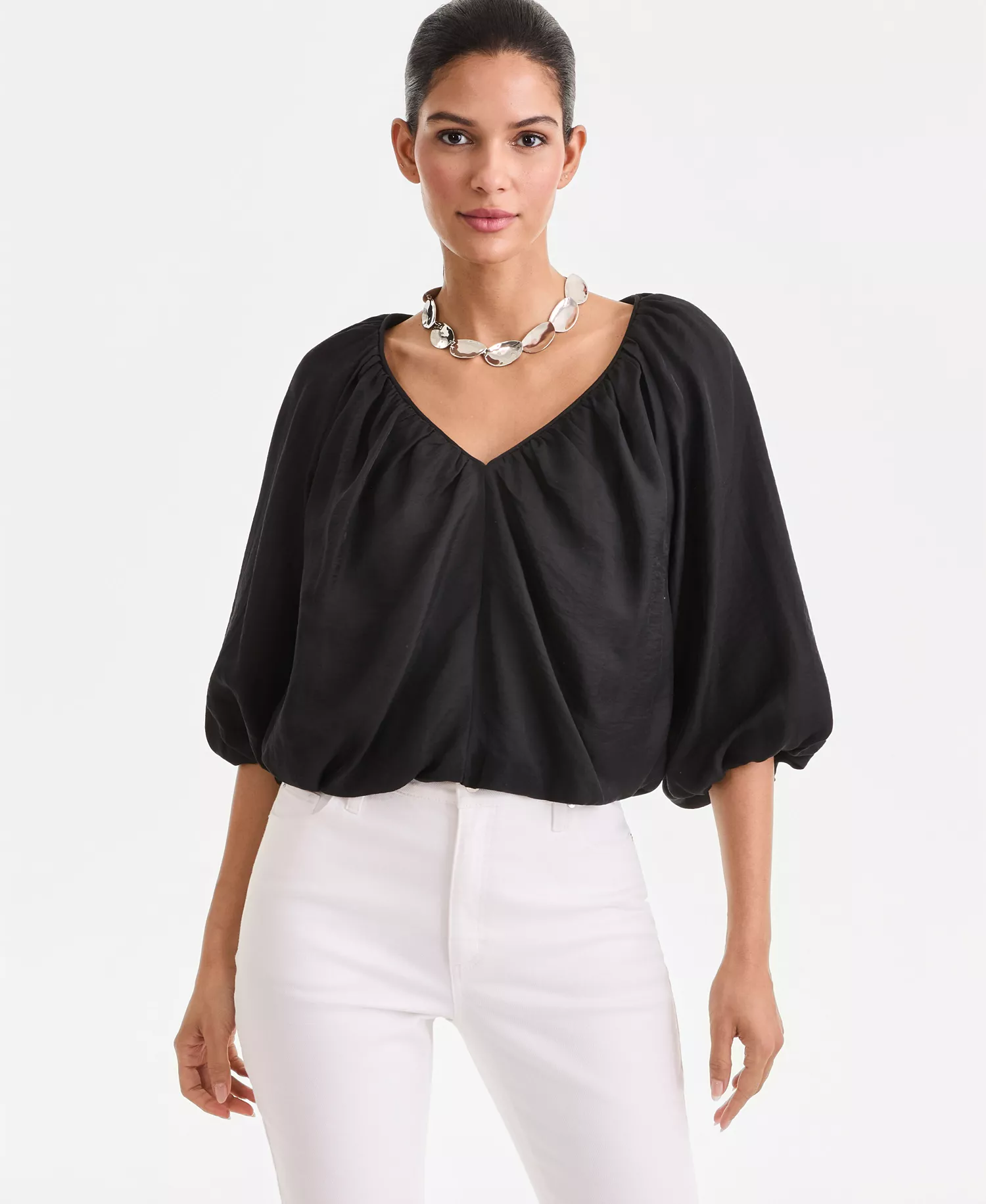 Women's 3/4 Sleeve Bubble-Hem Blouse, Macy's Exclusive - Deep Black - L