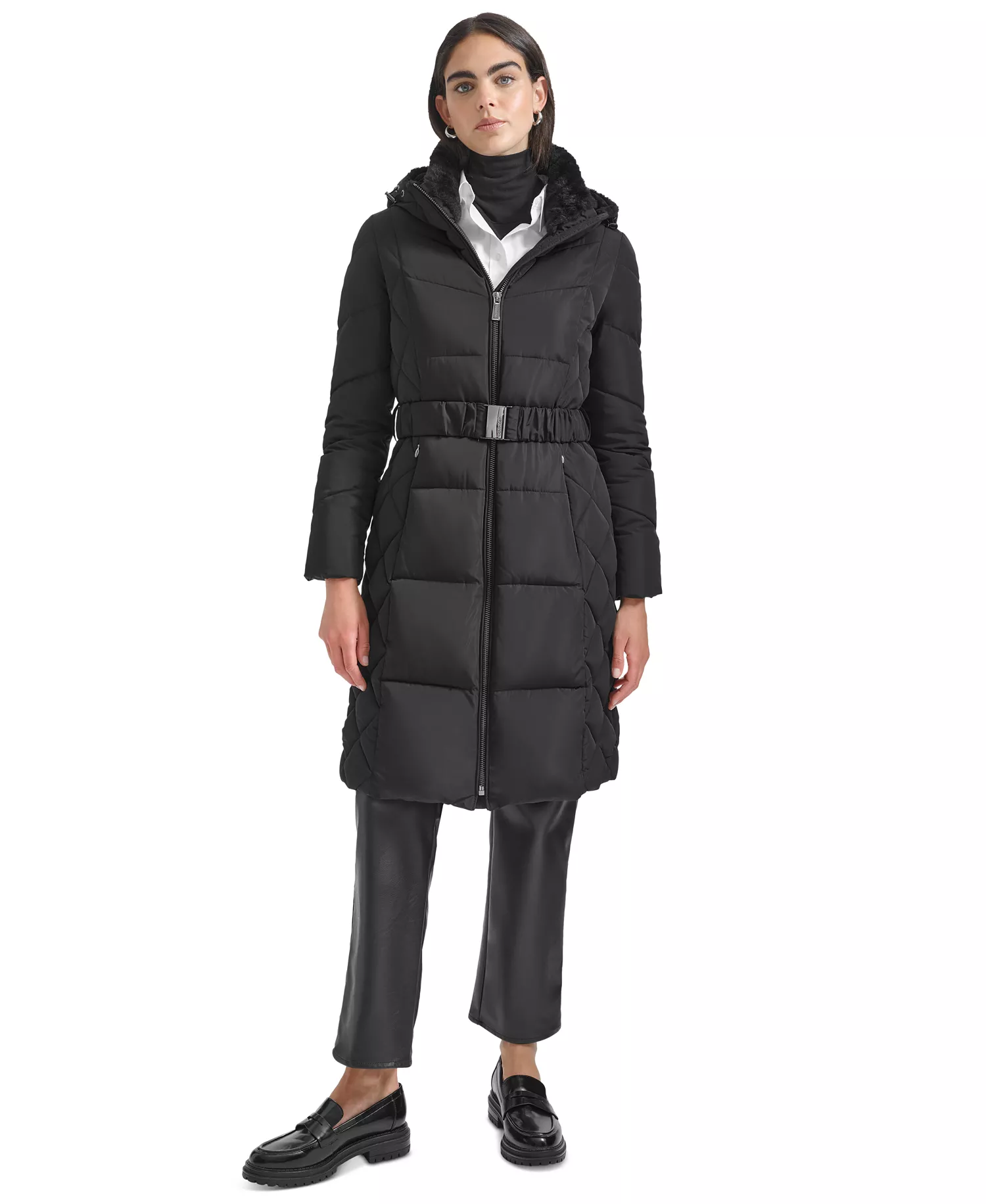 Women's Diamond Quilted Side Belted Hooded Puffer Coat - Black - XL
