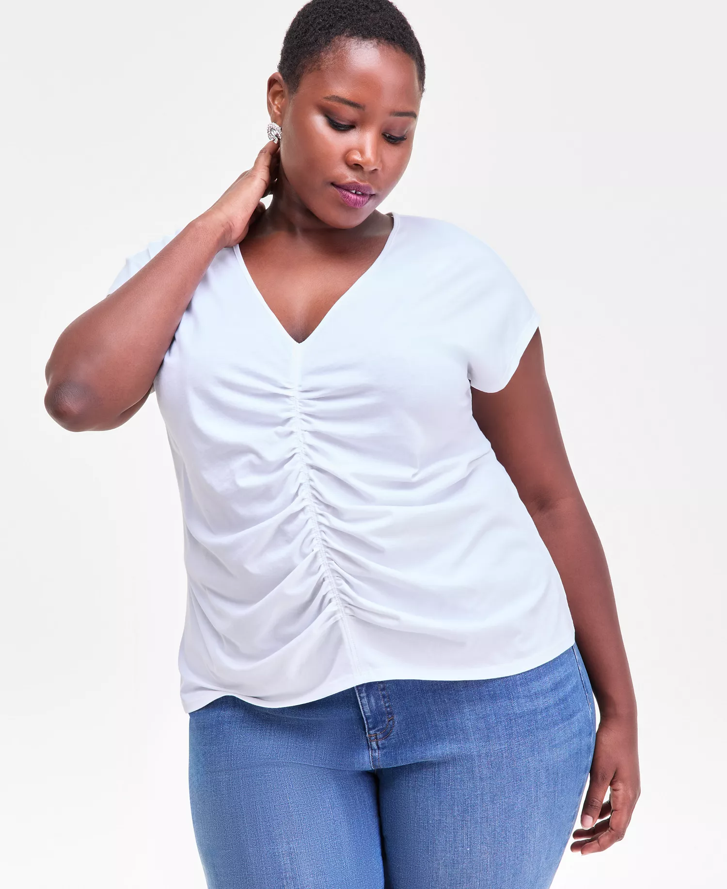 Plus Size Cotton Ruched Top, Macy's Exclusive - Bright White - 0X