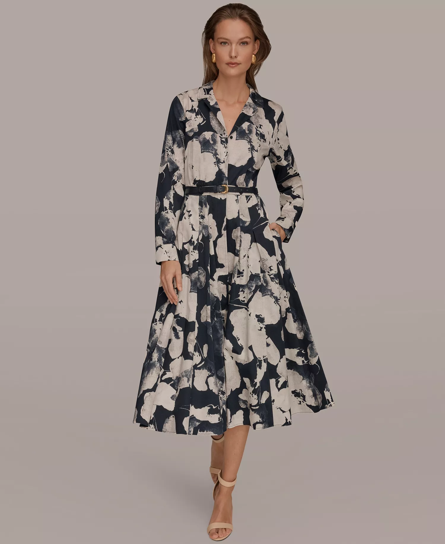 Women's Long-Sleeves Collared Midi Dress - Nightfall Multi - 10