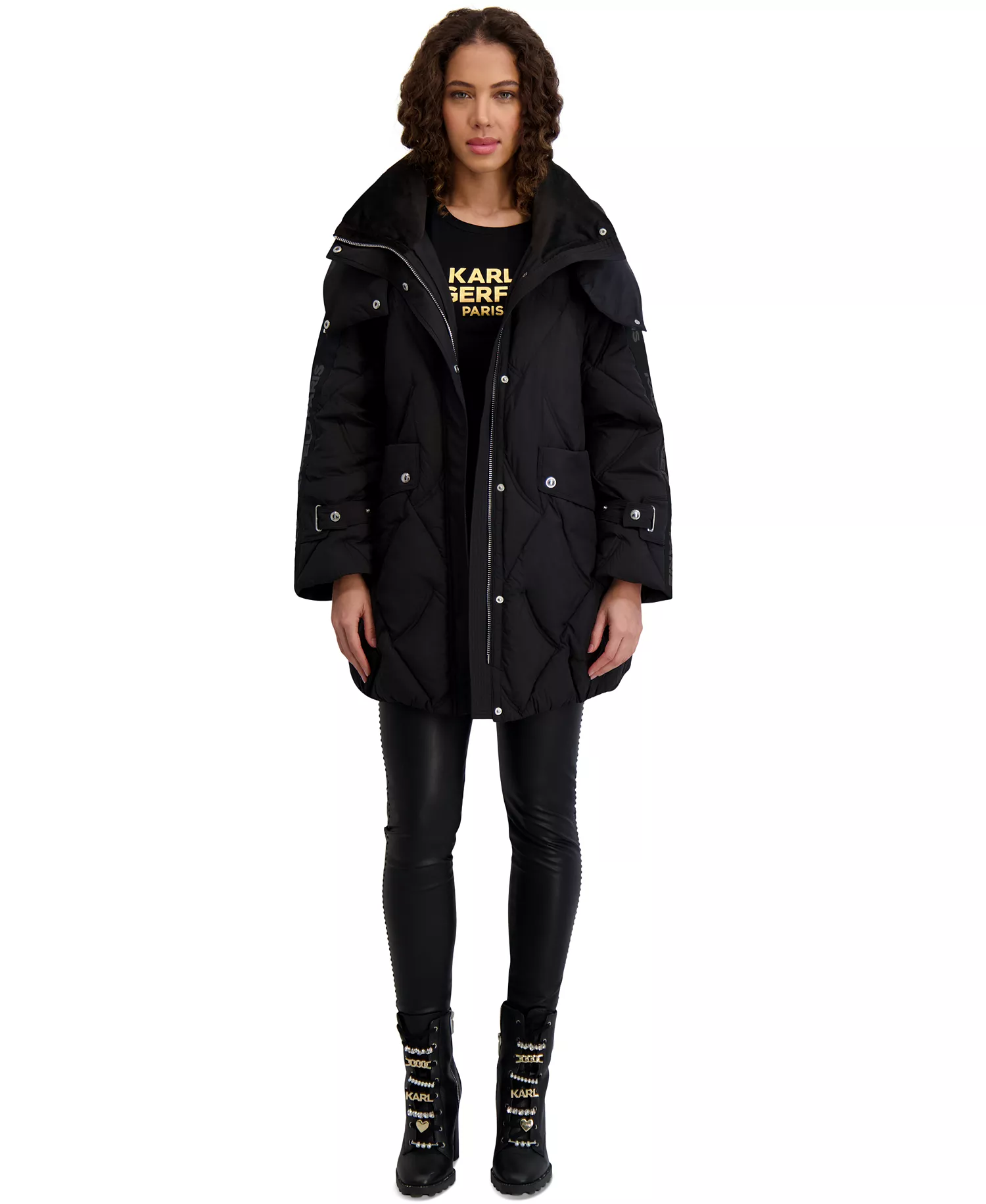 Women's Hooded A-Line Puffer Coat - Black - L