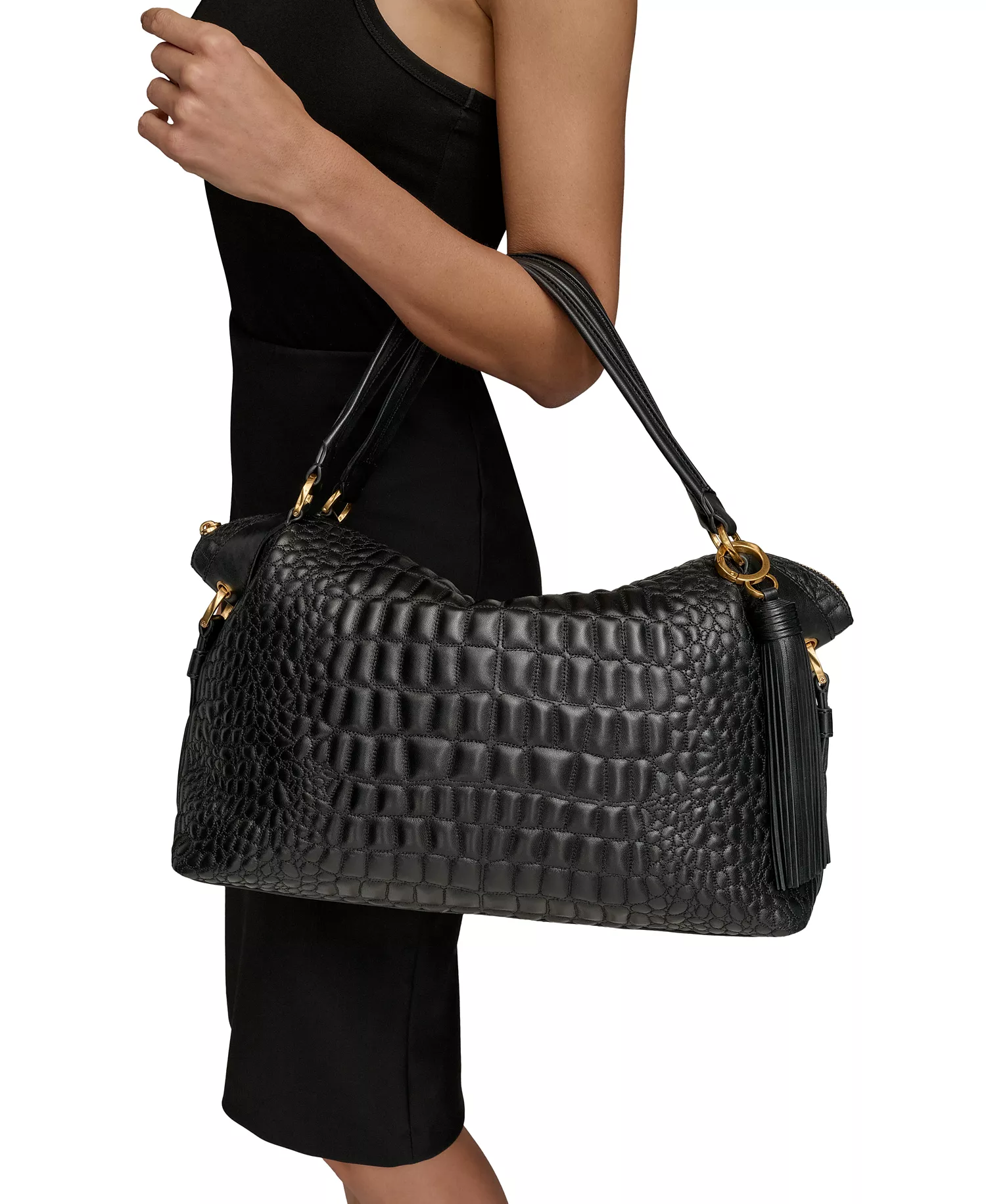 Glenwood Quilted Croc Top Handle Satchel with Tassel Detail - Black/gold - NO SIZE