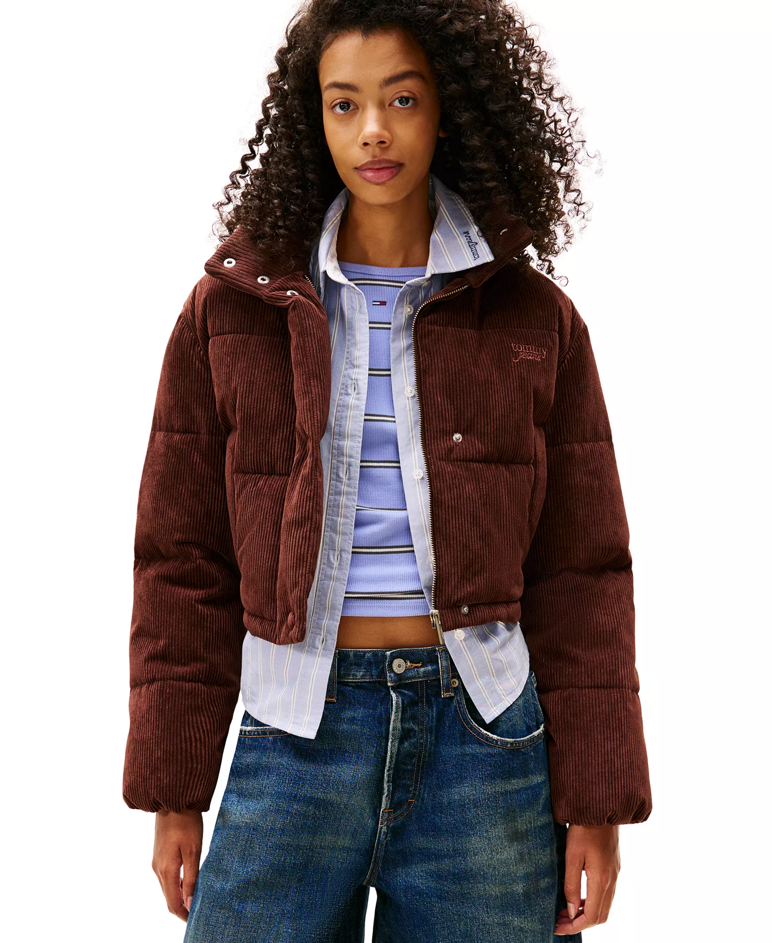 Women's Corduroy Cropped Puffer Jacket - Rich Brown - XXS