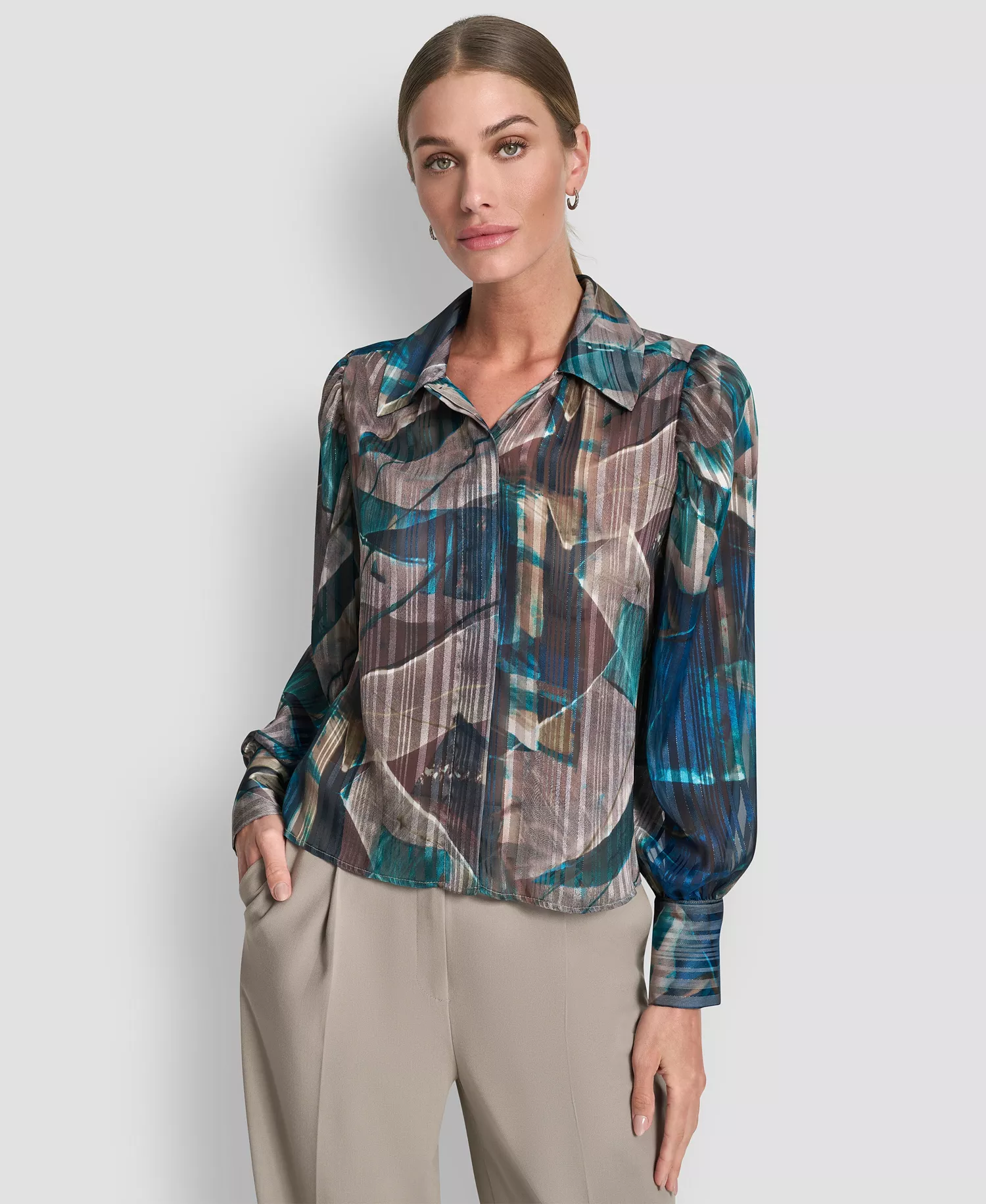 Women's Balloon Sleeve Shirt - City Taupe/ocean Blue Multi - L