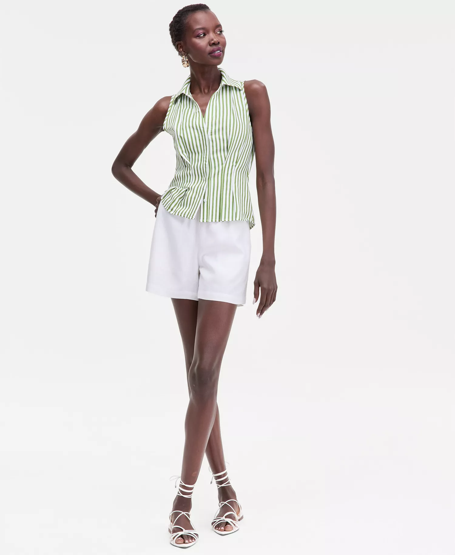 Women's Striped Linen Blend Sleeveless Collared Shirt, Macy's Exclusive  - Lora Green Stripe - L