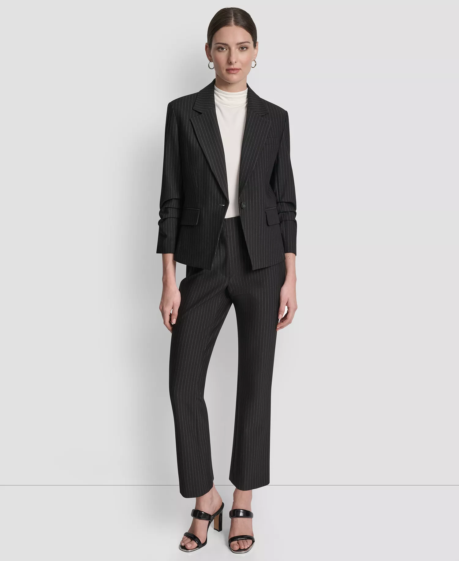Women's Pinstripe Ruched-Sleeve One-Button Blazer - Black Pinstripe - 10
