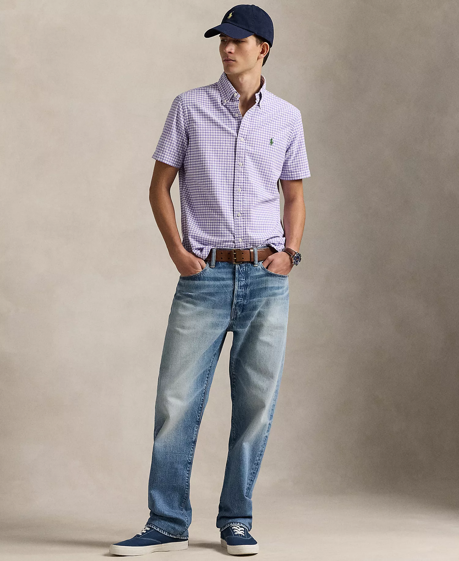 Men's Classic-Fit Gingham Oxford Shirt - Aix Lavender - L