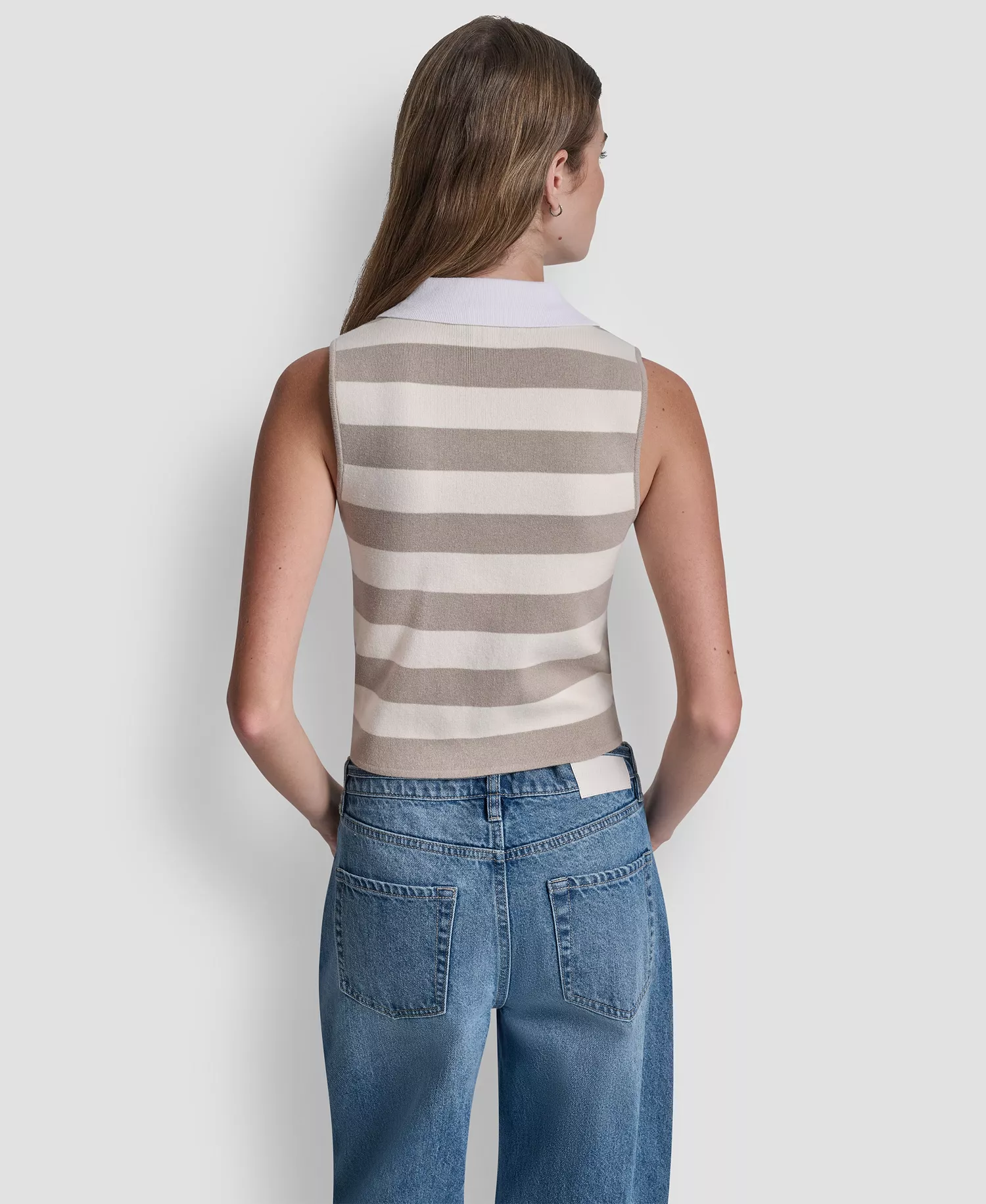 Women's Striped Sleeveless Polo Sweater - Pebble/eggnog/white - L